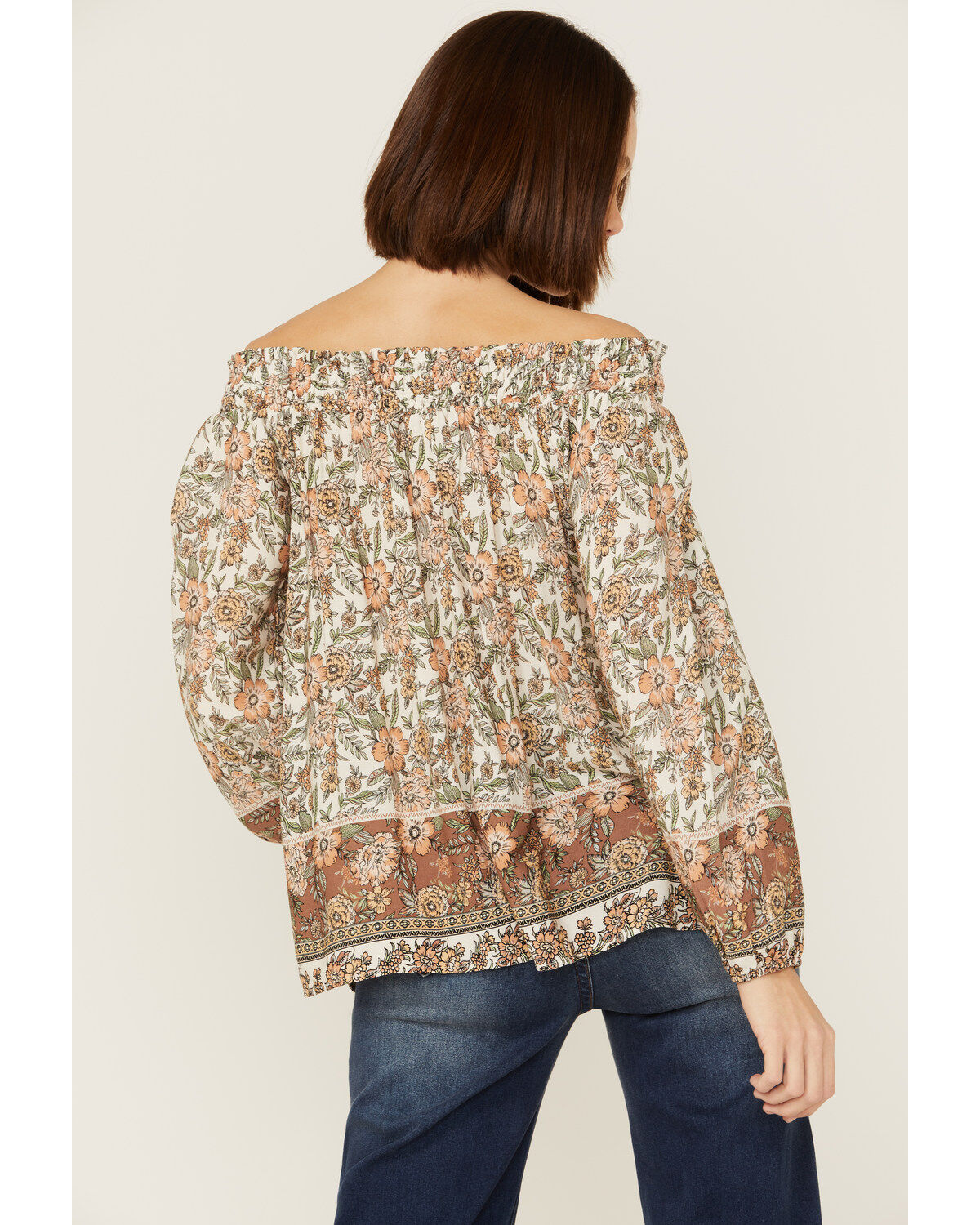 Wild Moss Women's Cream Floral Border Print Off Shoulder Woven Top