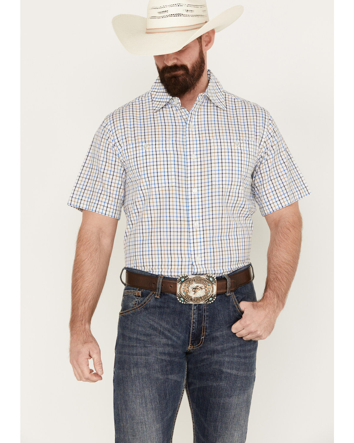 Resistol Men's Ennis Checkered Print Short Sleeve Button Down Western Shirt