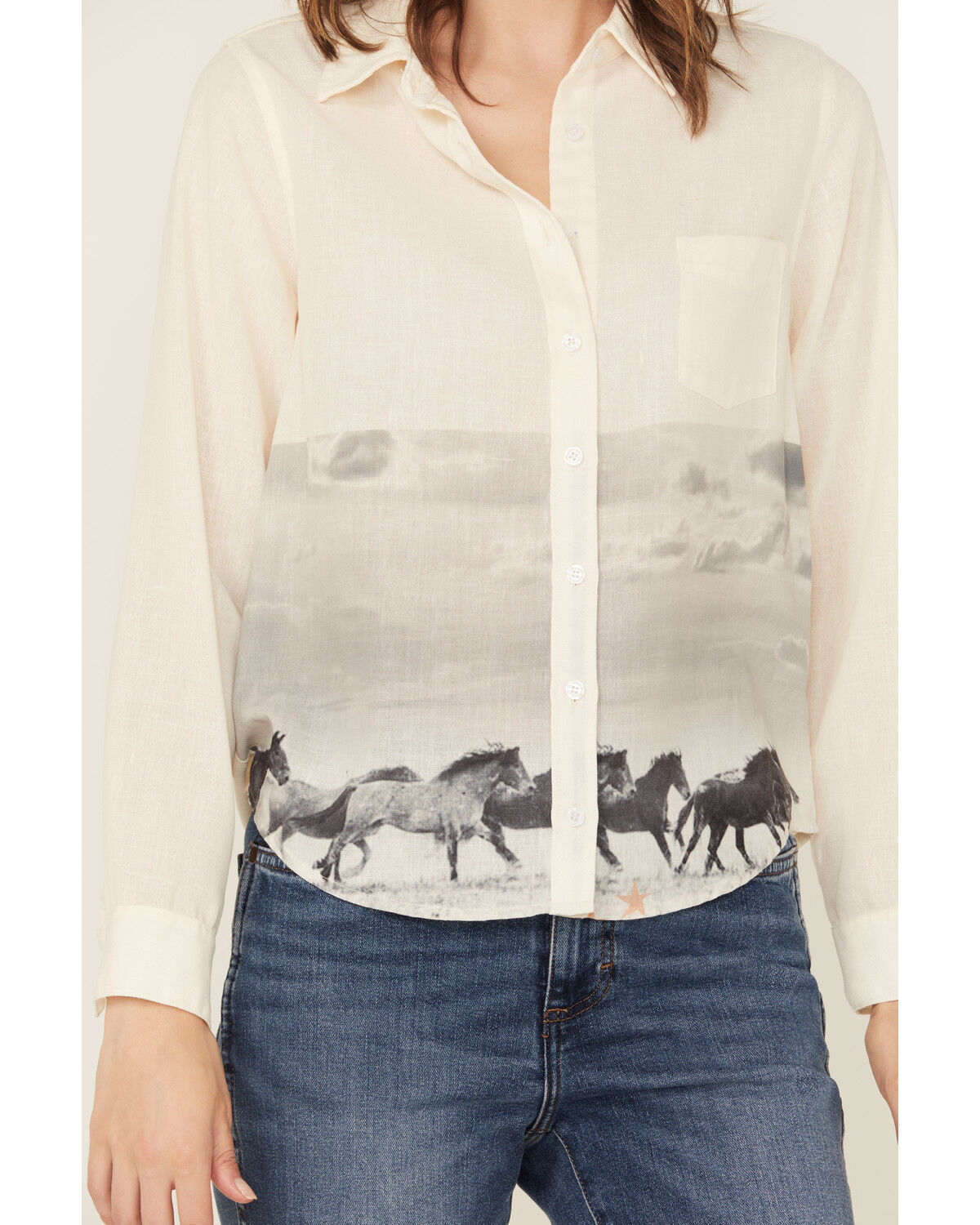 Blue B Women's Running Horses Long Sleeve Button-Down Western Shirt