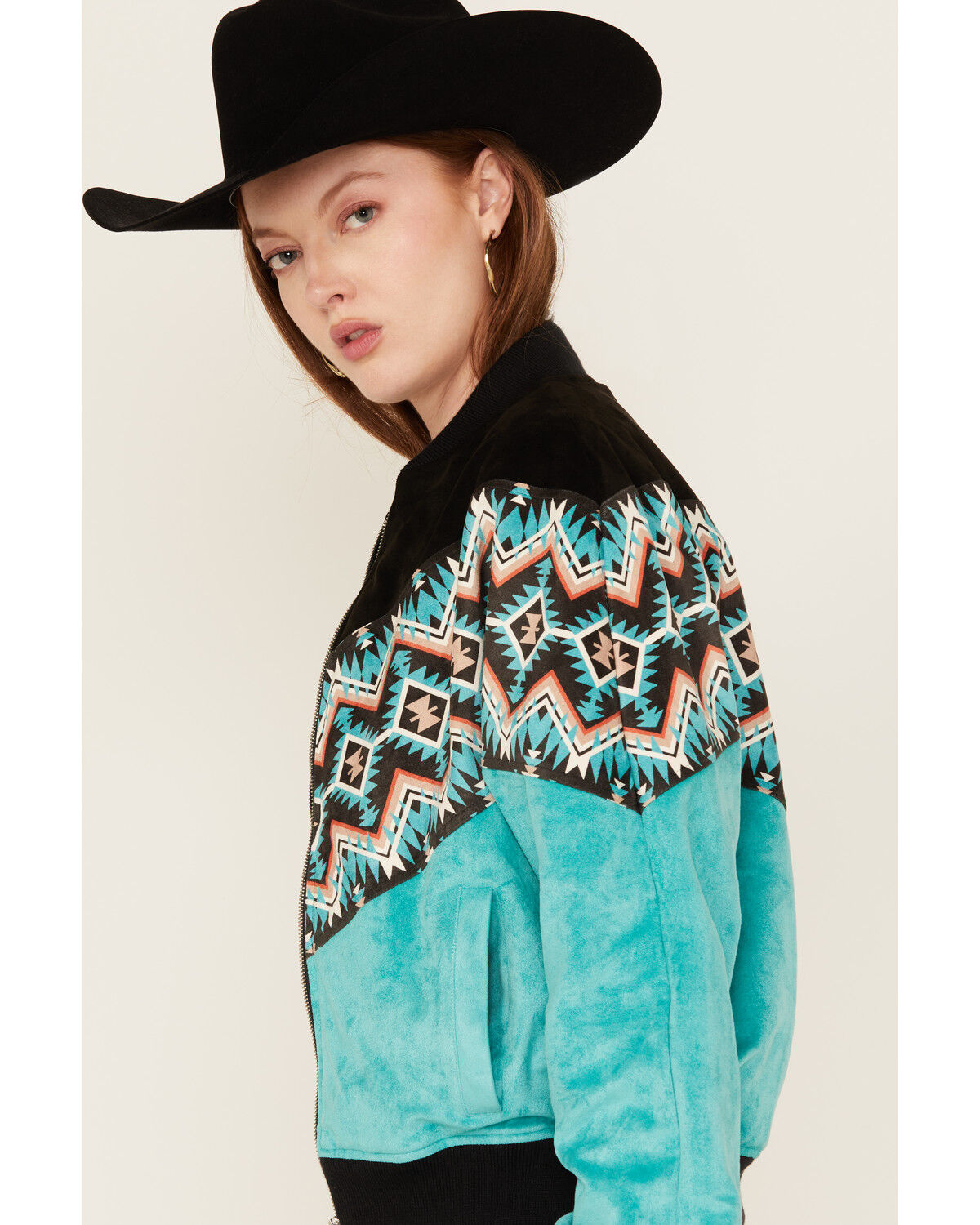 Rock & Roll Denim Women's Southwestern Print Faux Suede Bomber Jacket