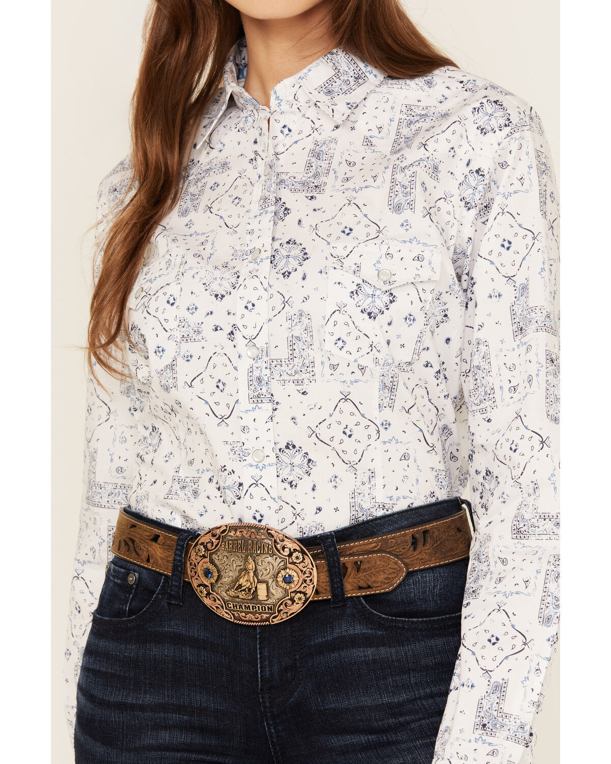 Rough Stock by Panhandle Women's Bandana Print Long Sleeve Pearl Snap Stretch Western Shirt