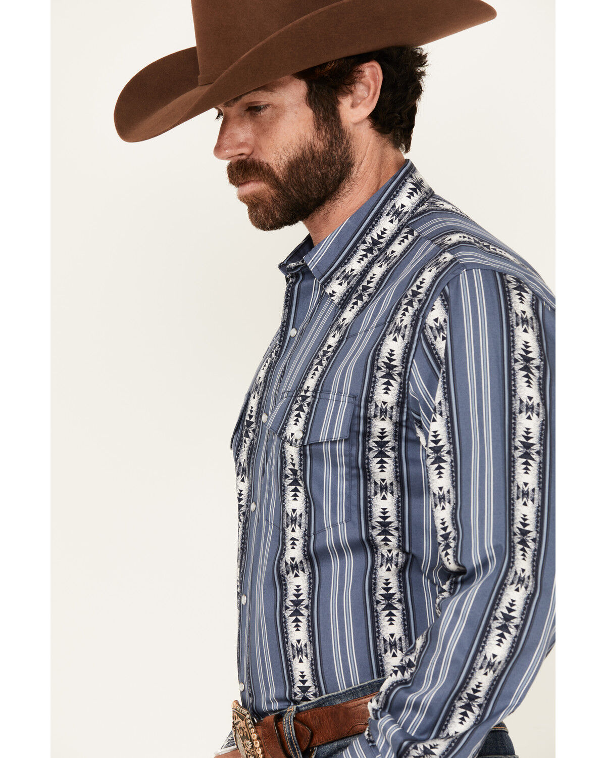 Wrangler Men's Checotah Southwestern Striped Print Long Sleeve Pearl Snap Western Shirt