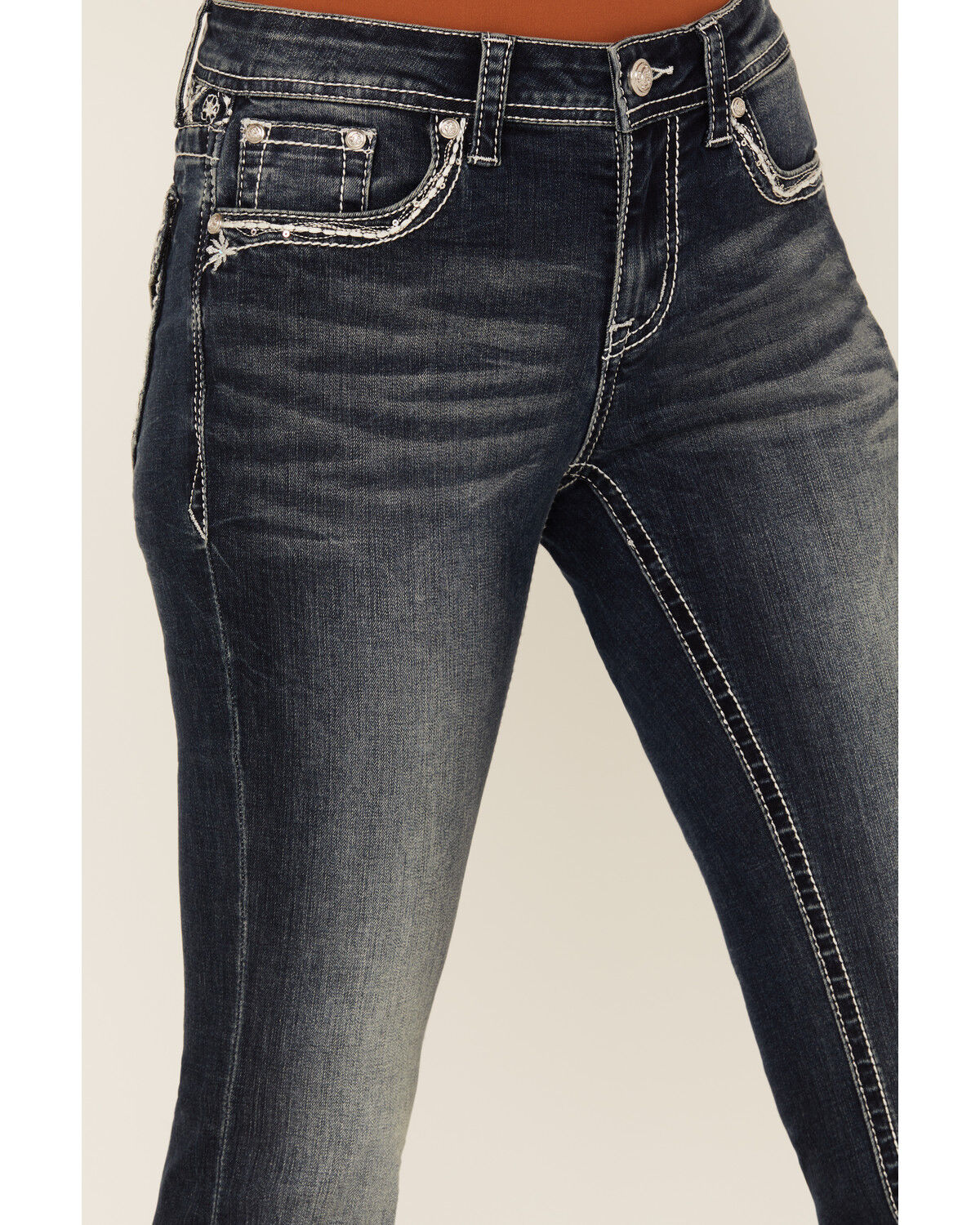 Grace In LA Women's Dark Wash Floral Paisley Embroidered Mid Rise Bootcut Stretch Denim Jeans