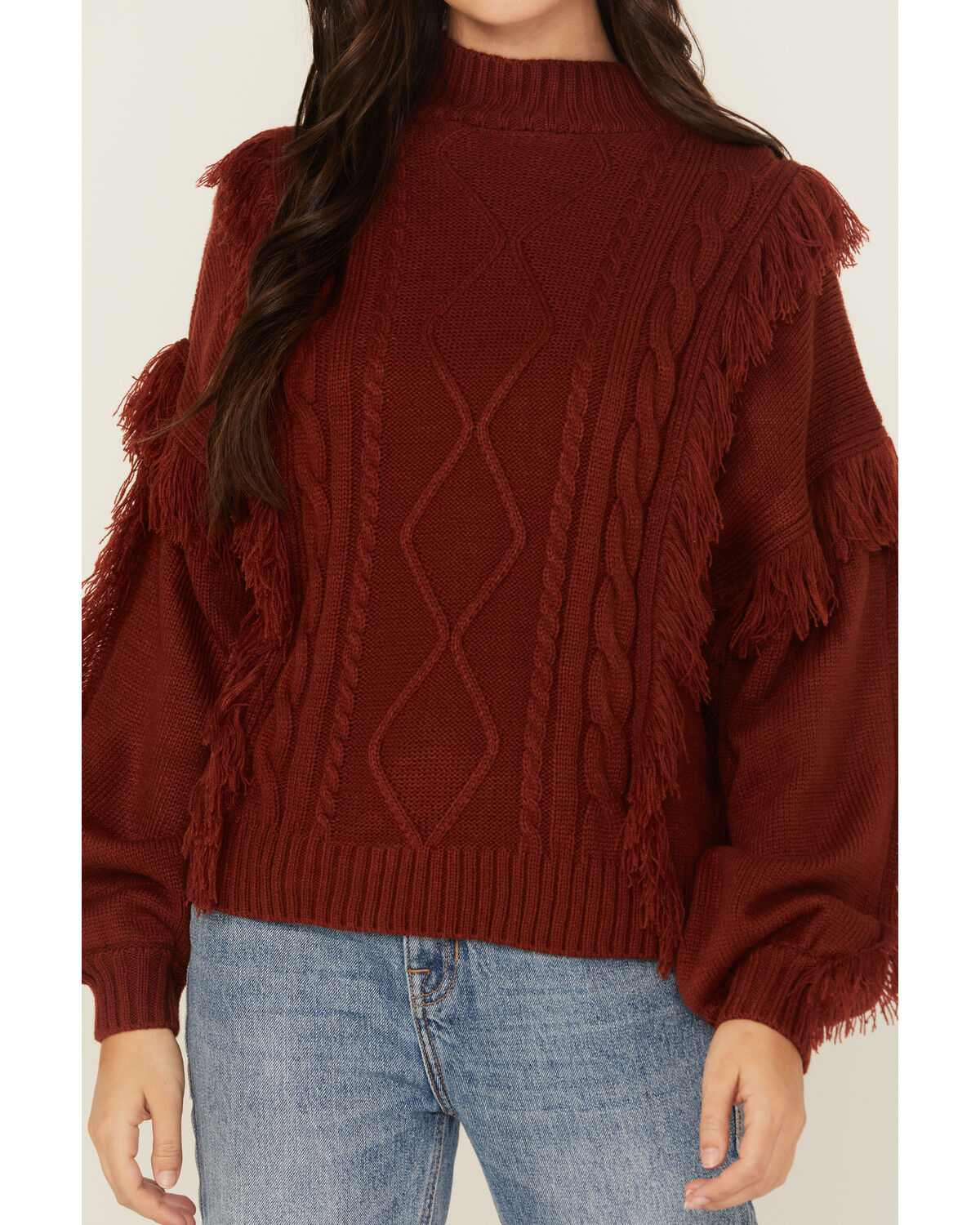 Rock & Roll Denim Women's Fringe Cable Knit Sweater