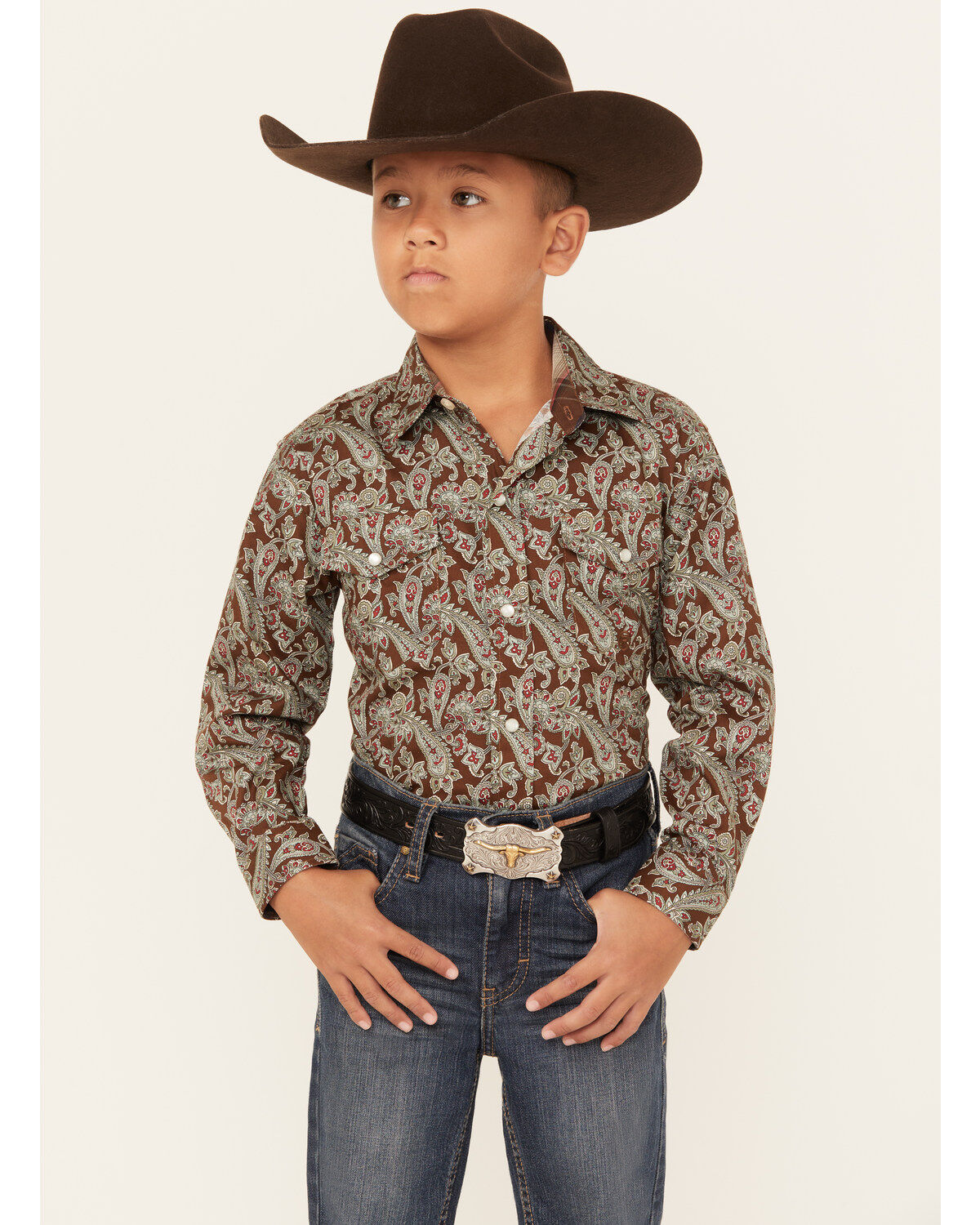 Roper Boys' Paisley Print Long Sleeve Pearl Snap Western Shirt