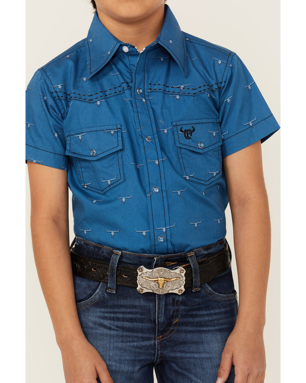 Cowboy Hardware Boys' Steerhead Print Short Sleeve Snap Western Shirt