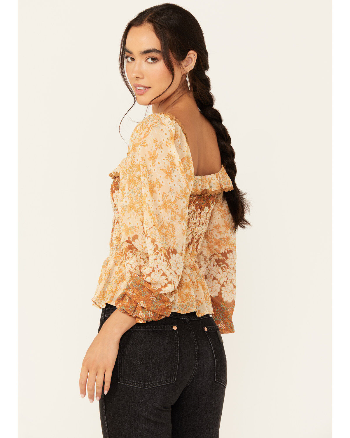 Miss Me Women's Floral Print Long Sleeve Peasant Top