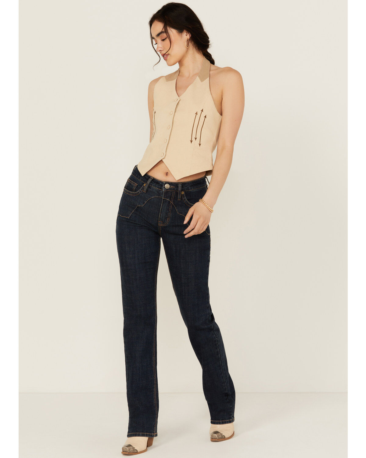 Rock & Roll Denim Women's Dark Wash High Rise Western Yoke Modest Bootcut Stretch Denim Jeans