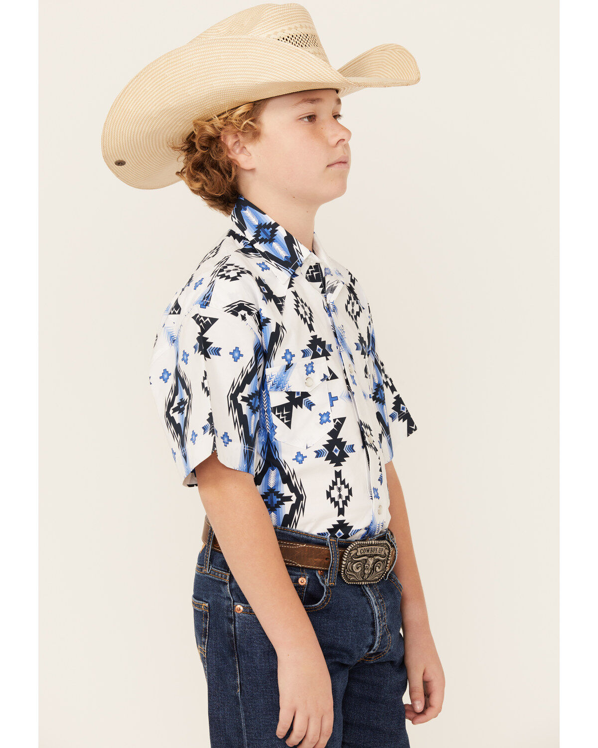Rock & Roll Denim Boys' Southwestern Print Short Sleeve Pearl Snap Stretch Western Shirt