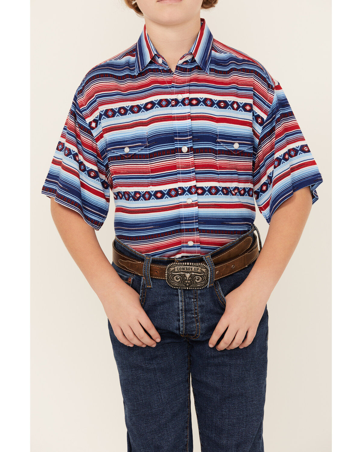 Panhandle Boys' Southwestern Striped Print Short Sleeve Snap Western Shirt