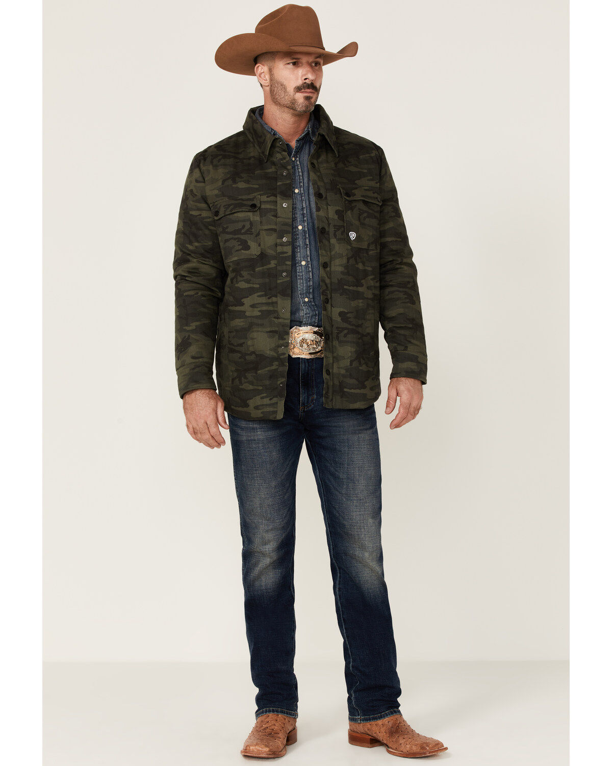 Rock & Roll Denim Men's Camo Print Twill Puffer Snap-Down Shirt Jacket
