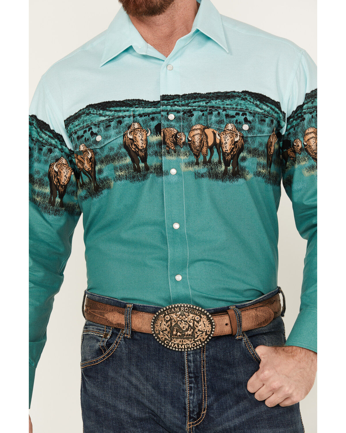 Panhandle Men's Buffalo Border Print Long Sleeve Pearl Snap Western Shirt