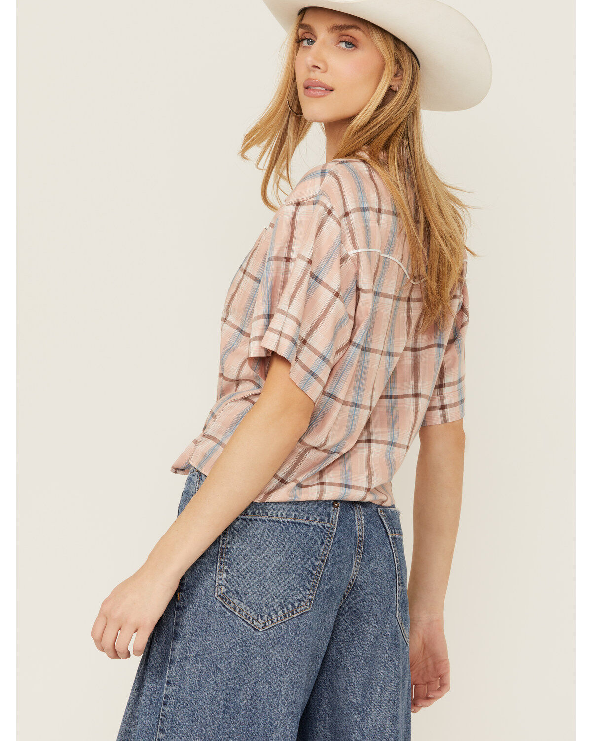 Cumberland Outfitters Women's Plaid Print Short Sleeve Button-Down Western Shirt