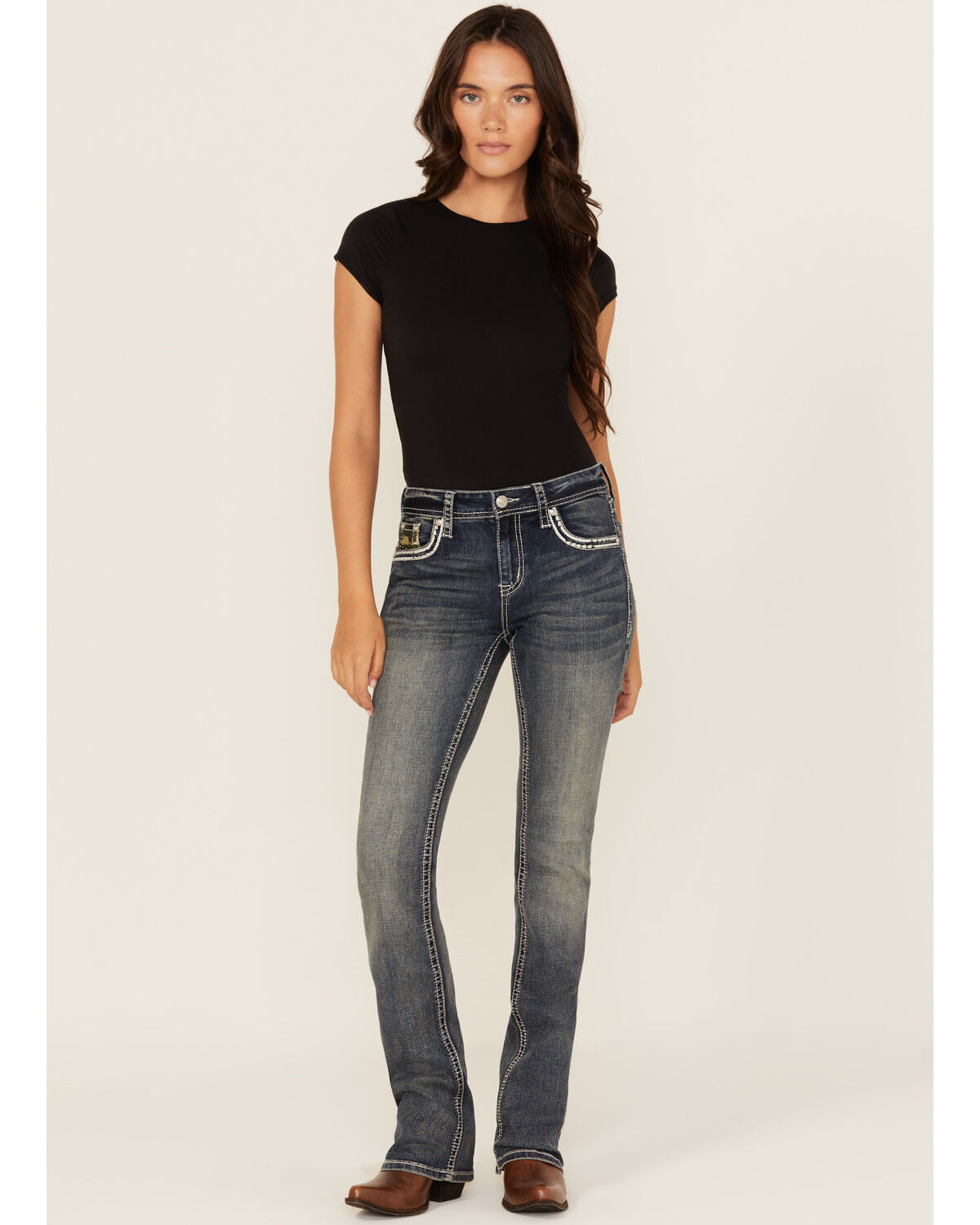 Grace In LA Women's Medium Wash Camo Fleur De Lis Embroidered Mid Rise Bootcut Stretch Denim Jeans