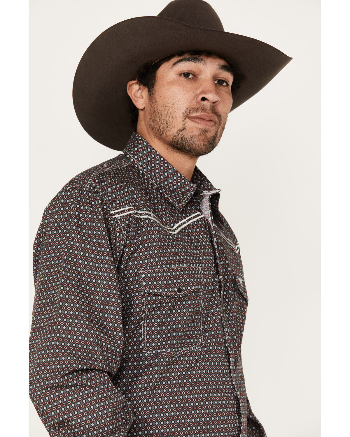 Cowboy Hardware Men's Curvy Diamond Geo Print Long Sleeve Western Snap Shirt