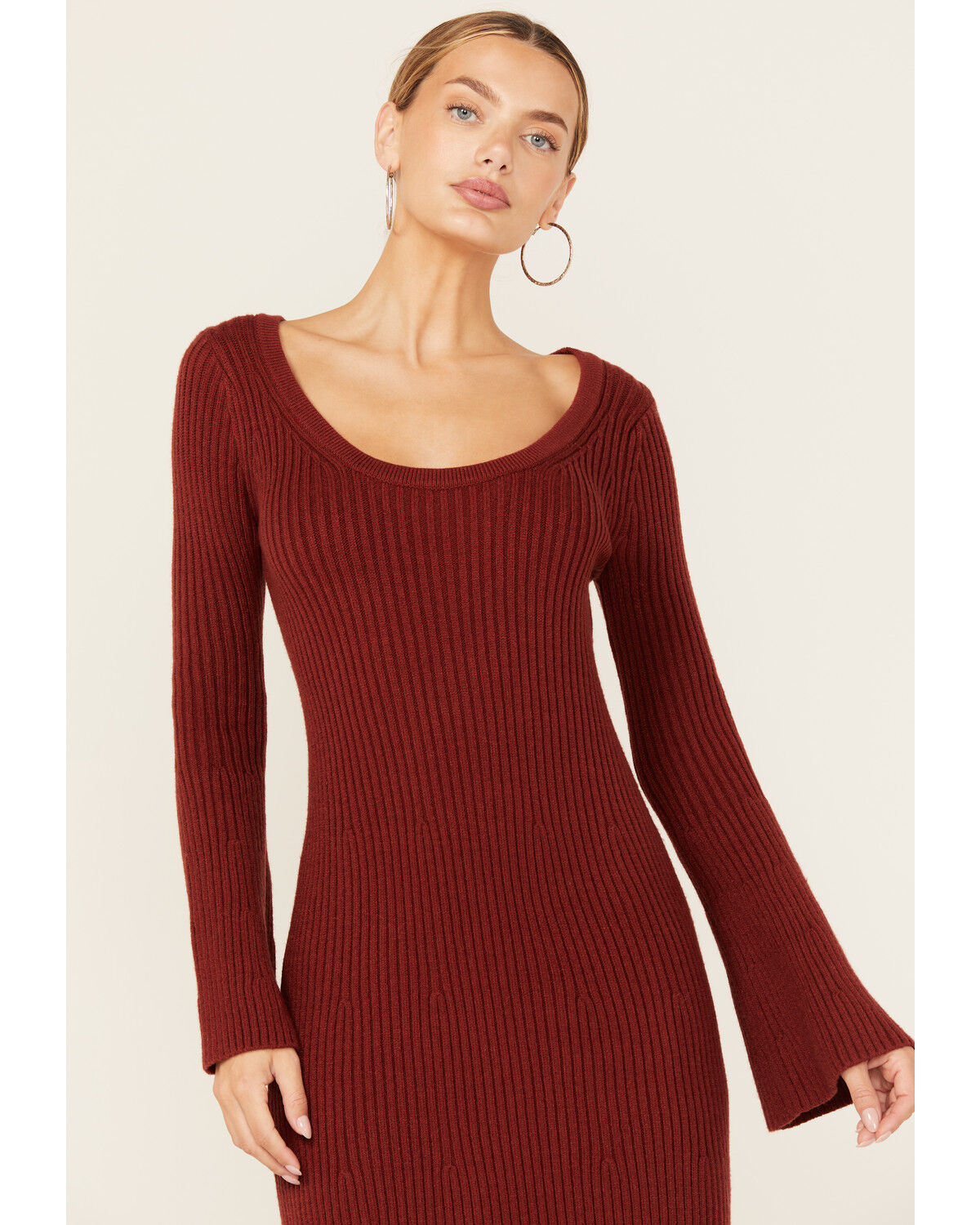 Revel Women's Solid Bell Sleeve Sweater Midi Dress