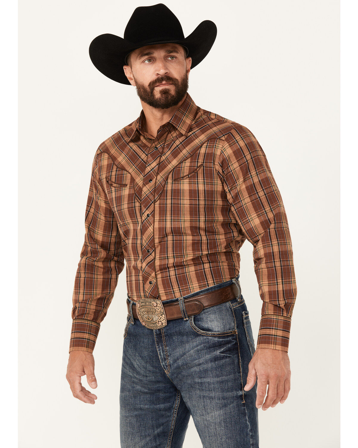 Roper Men's Plaid Print Embroidered Long Sleeve Snap Western Shirt