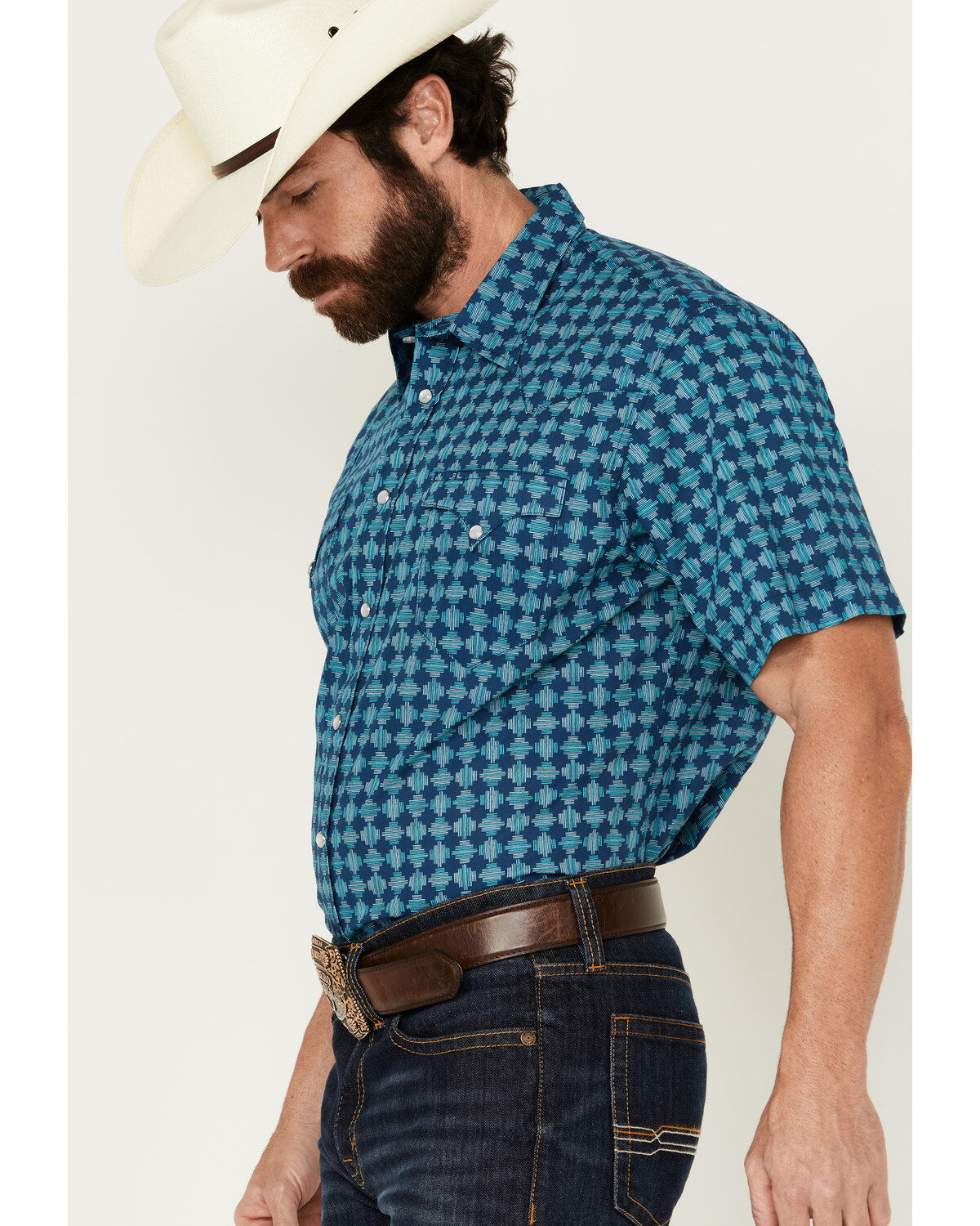 Roper Men's West Made Printed Short Sleeve Pearl Snap Western Shirt