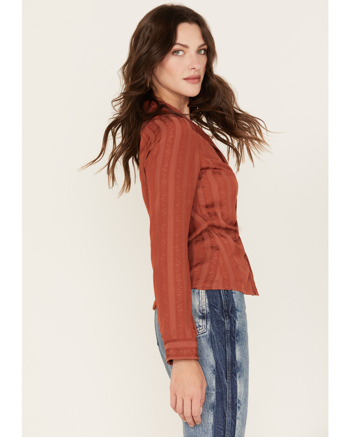 Sadie & Sage Women's Floral Stripe Print Ruched Long Sleeve Button Down Shirt