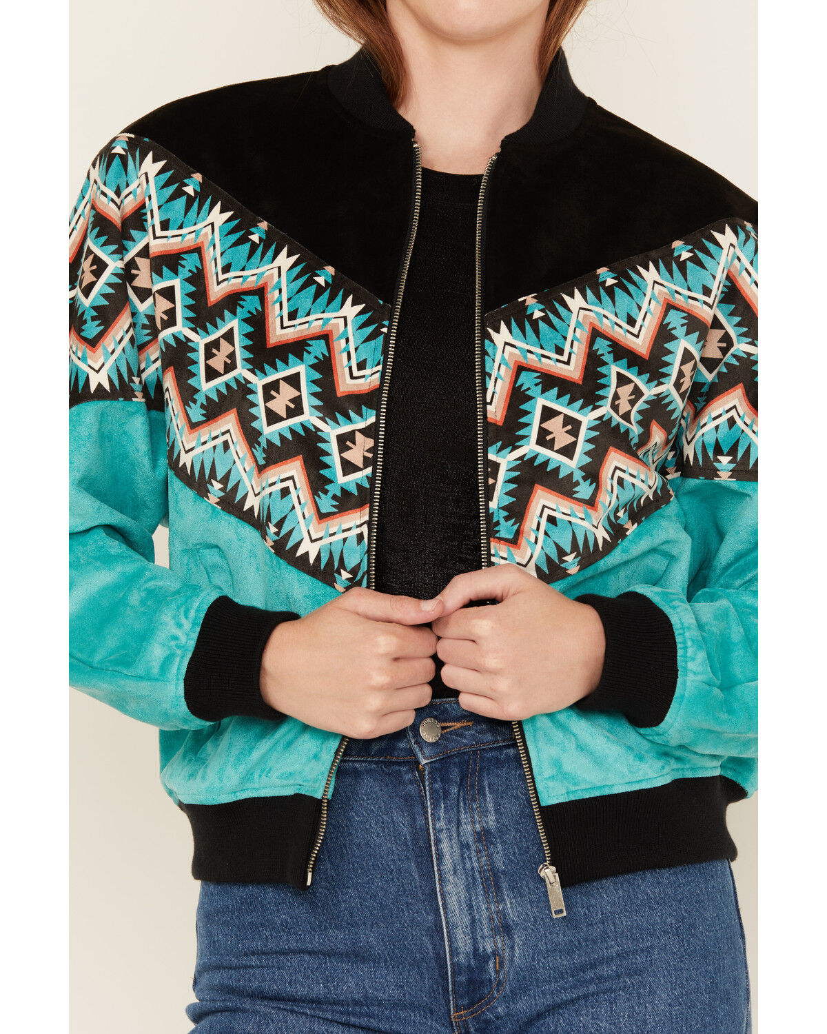 Rock & Roll Denim Women's Southwestern Print Faux Suede Bomber Jacket