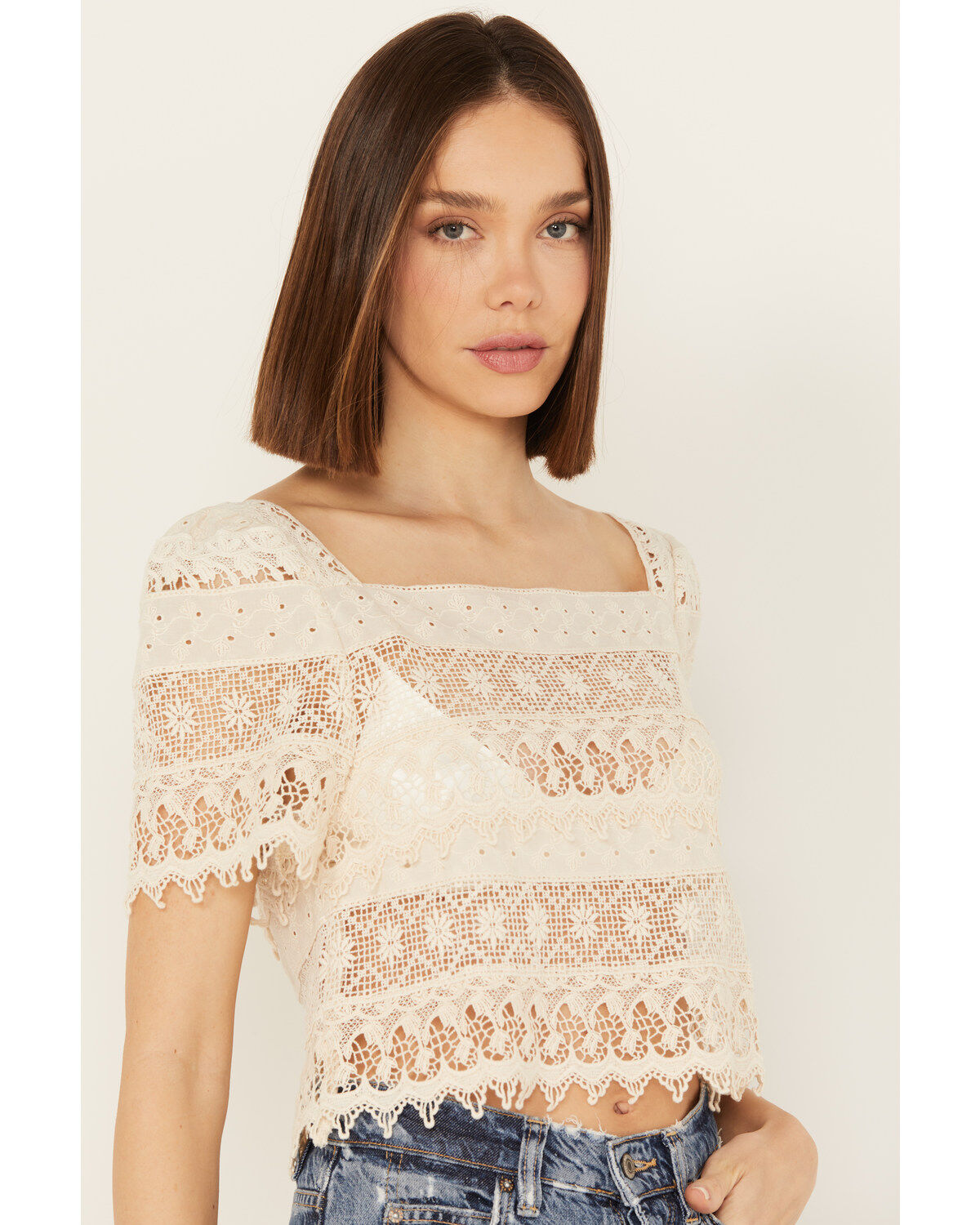 By Together Women's Crochet Short Sleeve Peasant Top