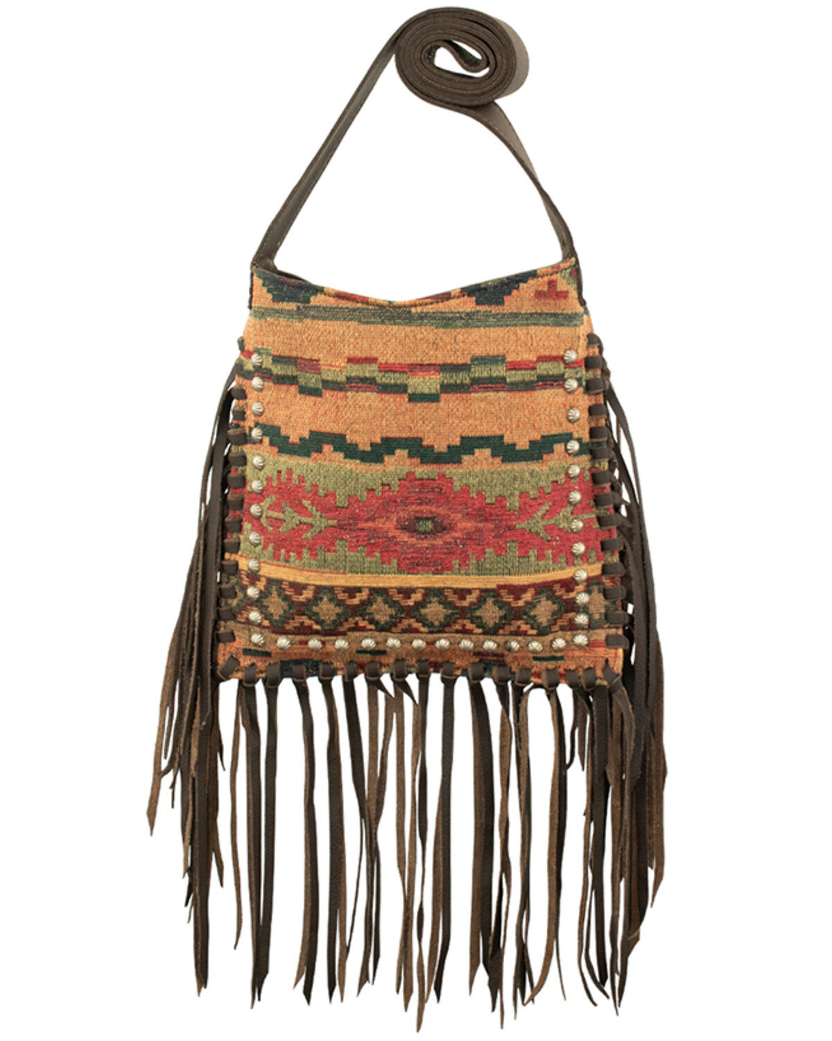 American West Women's Southwestern Tapestry Studded Fringe Crossbody Messenger