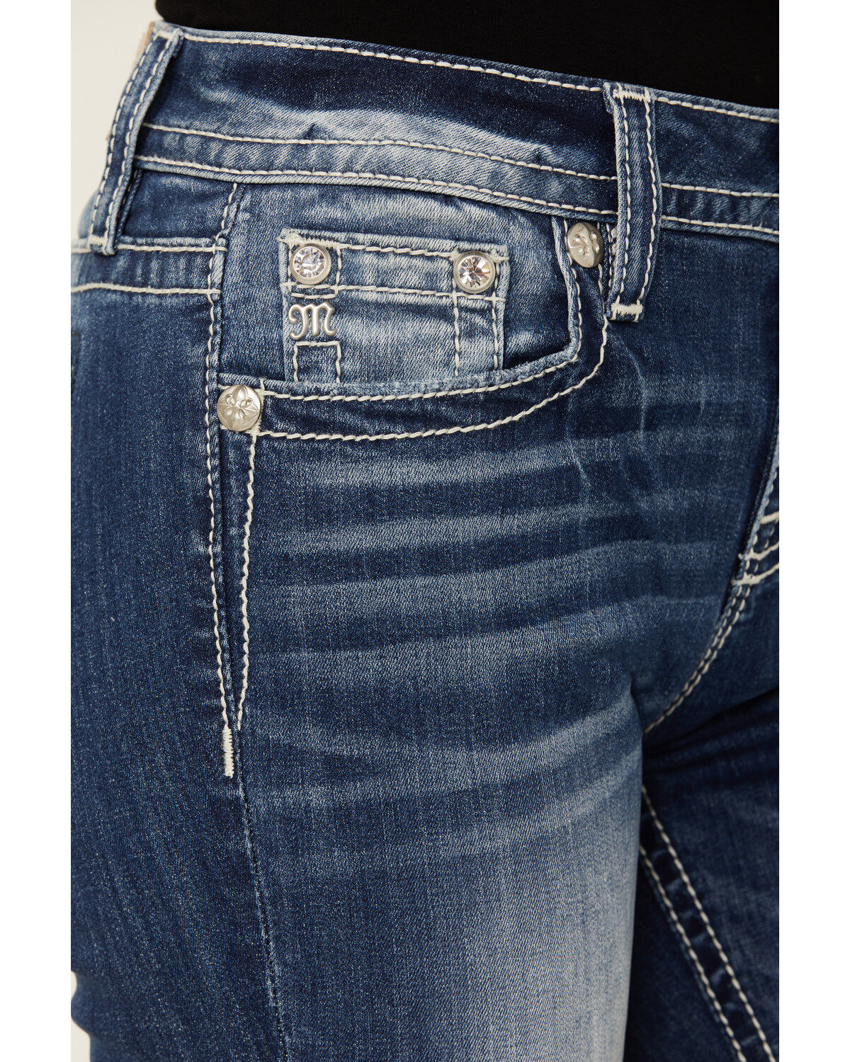 Miss Me Women's Medium Wash Dream Catcher Pocket Mid Rise Bootcut Stretch Denim Jeans