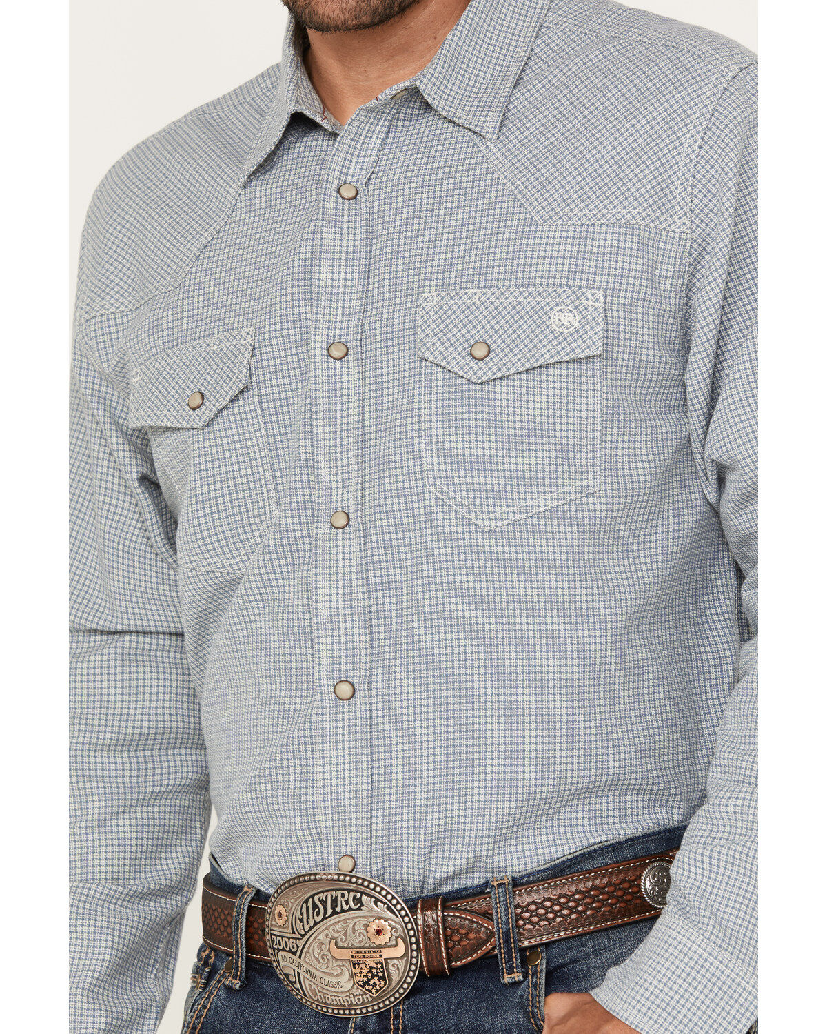 Blue Ranchwear Men's Plaid Print Long Sleeve Western Pearl Snap Shirt