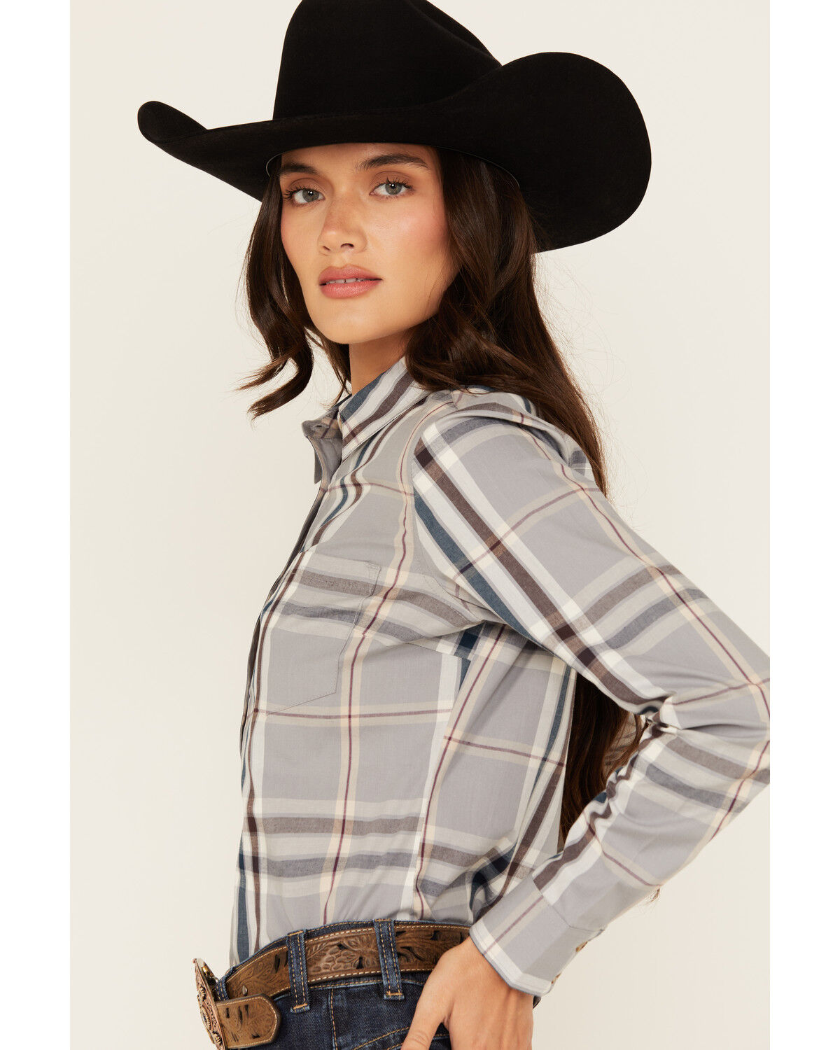 Shyanne Women's Plaid Print Long Sleeve Button-Down Stretch Western Shirt