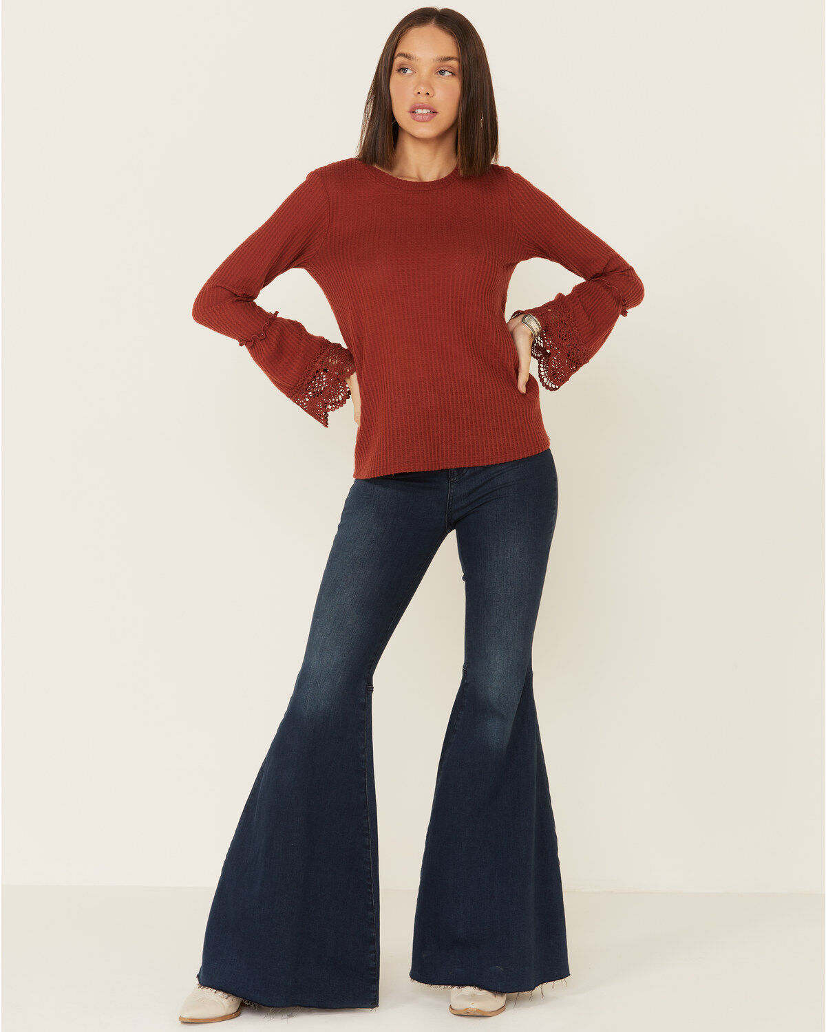 Moa Moa Women's Rust Brushed Thermal Bell Sleeve Top