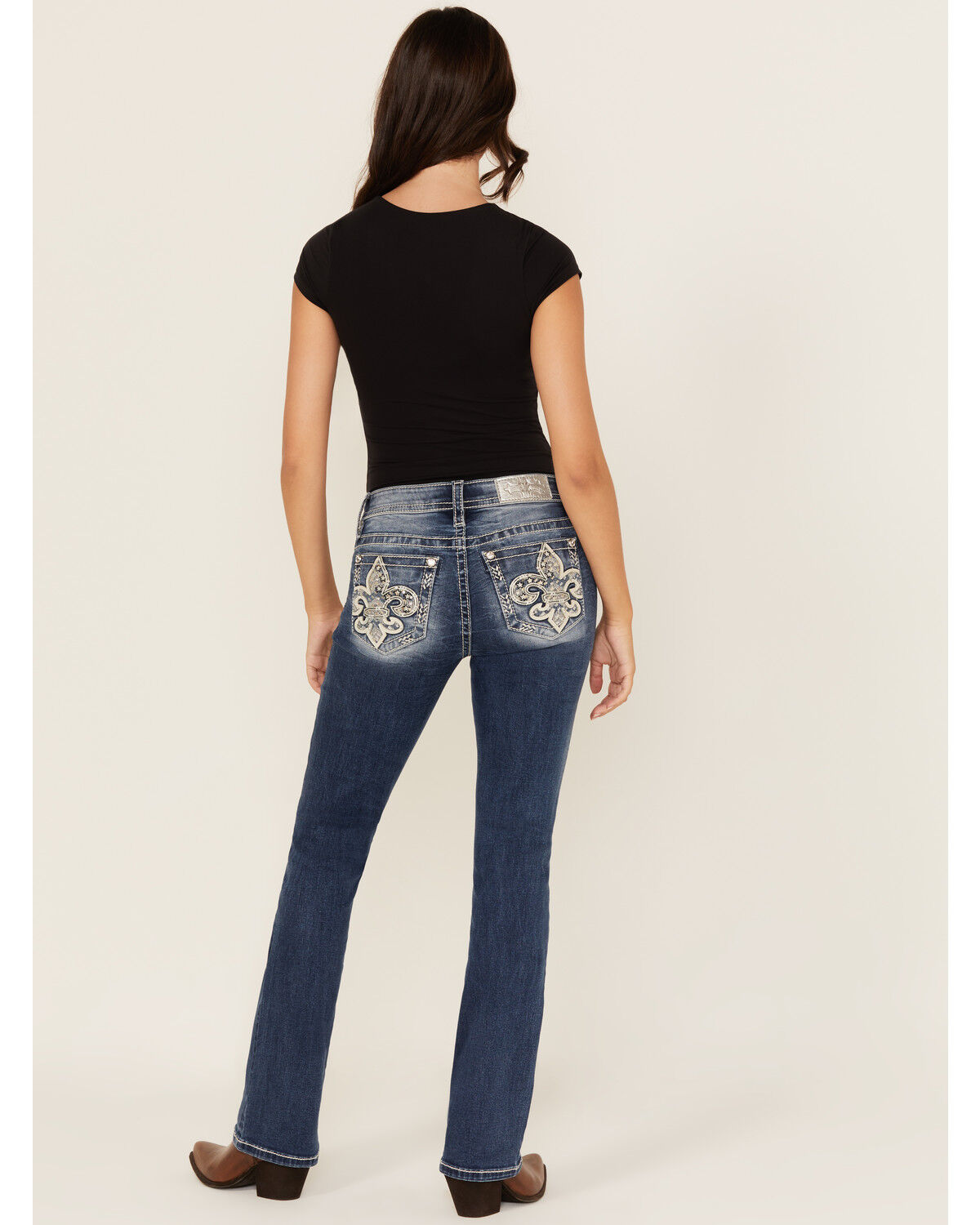 Miss Me Women's Medium Wash Mid Rise Fleur de Lis Pocket Bootcut Stretch Denim Jeans