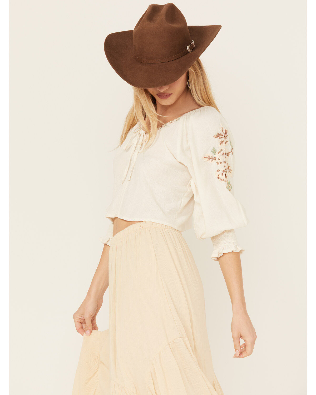 Shyanne Women's Embellished Tie Front Peasant Top