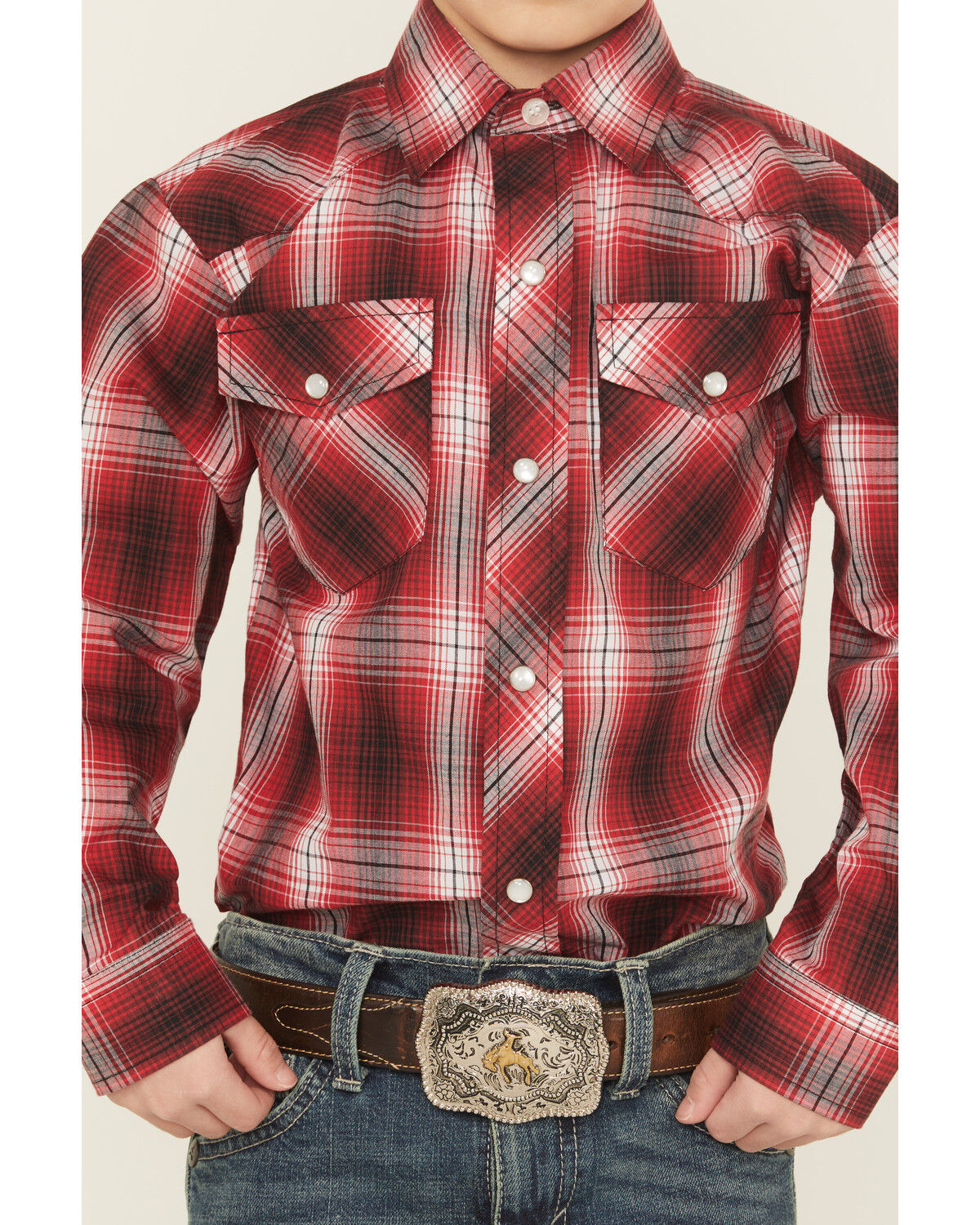 Roper Boys' Plaid Print Long Sleeve Pearl Snap Western Shirt