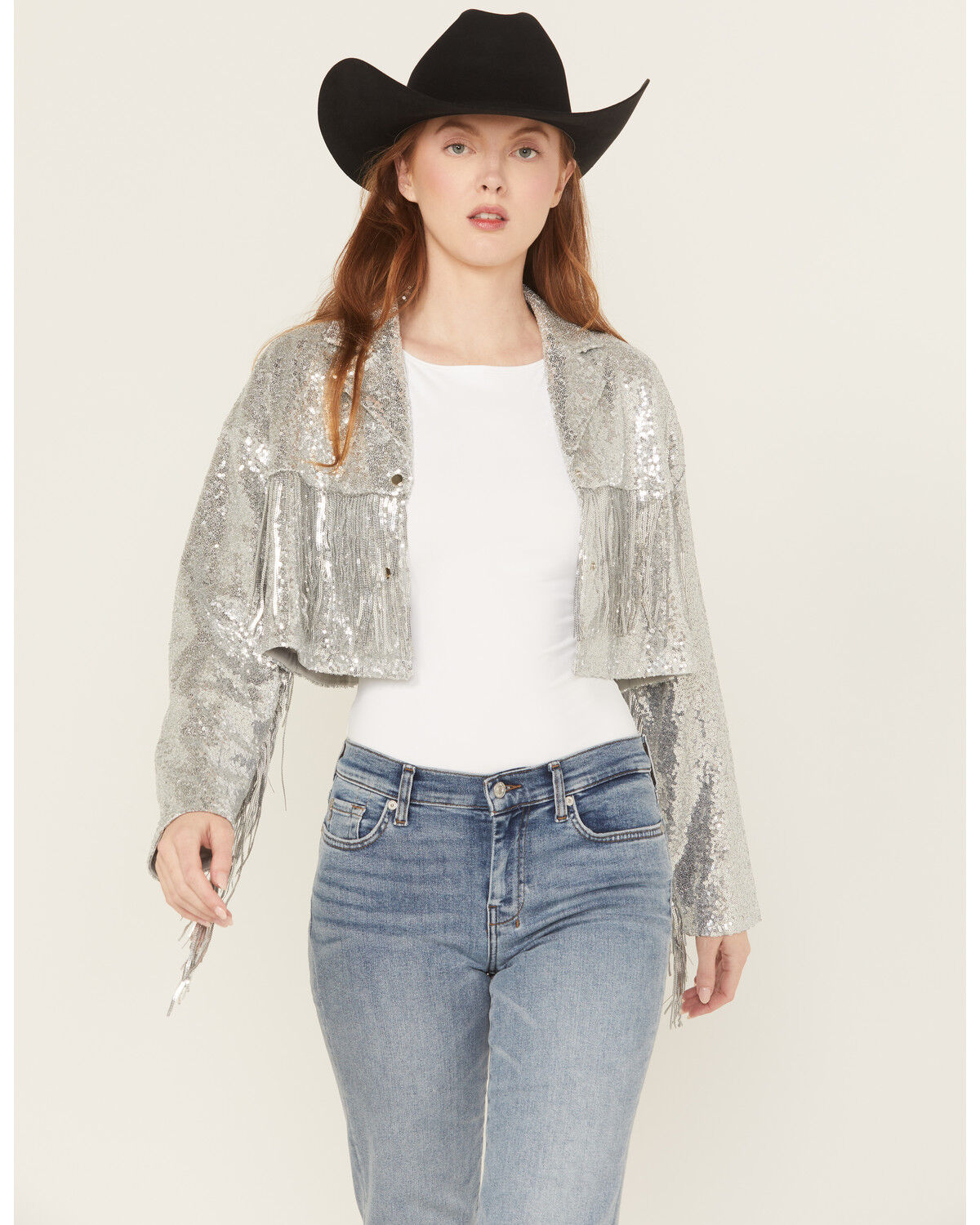 Saints & Hearts Women's Sequin Embellished Fringe Cropped jacket