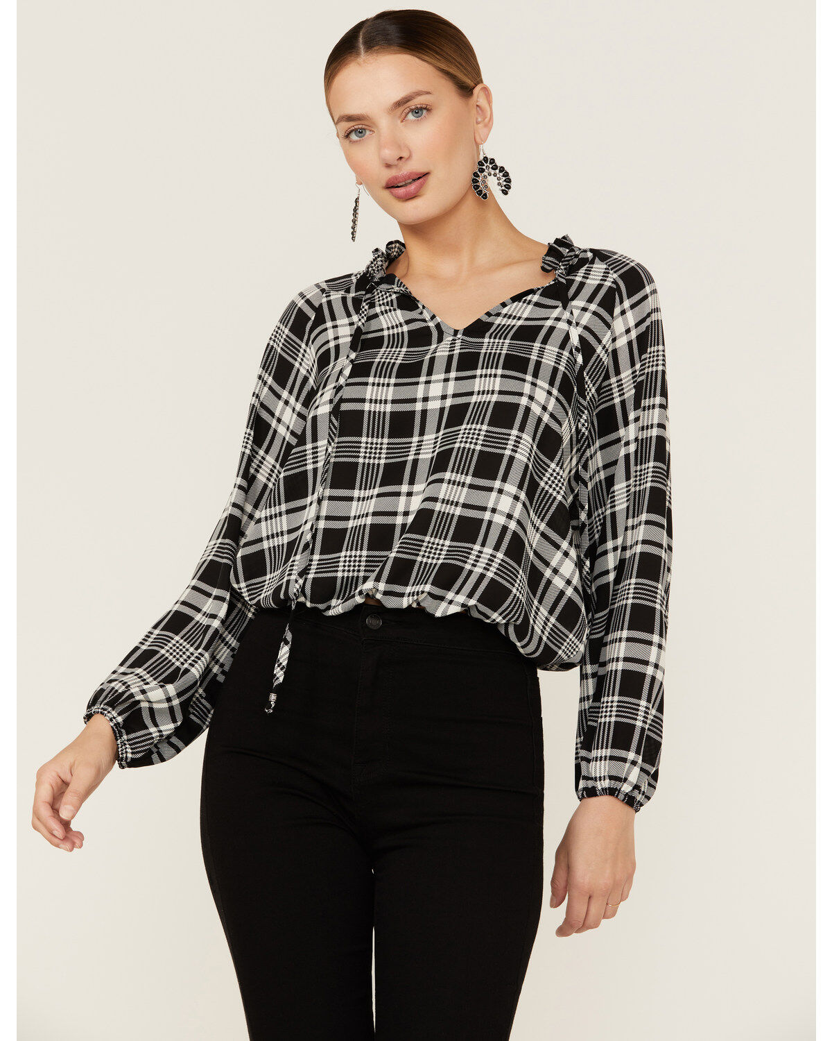 Wild Moss Women's Long Sleeve Tie Neck Peasant Blouse