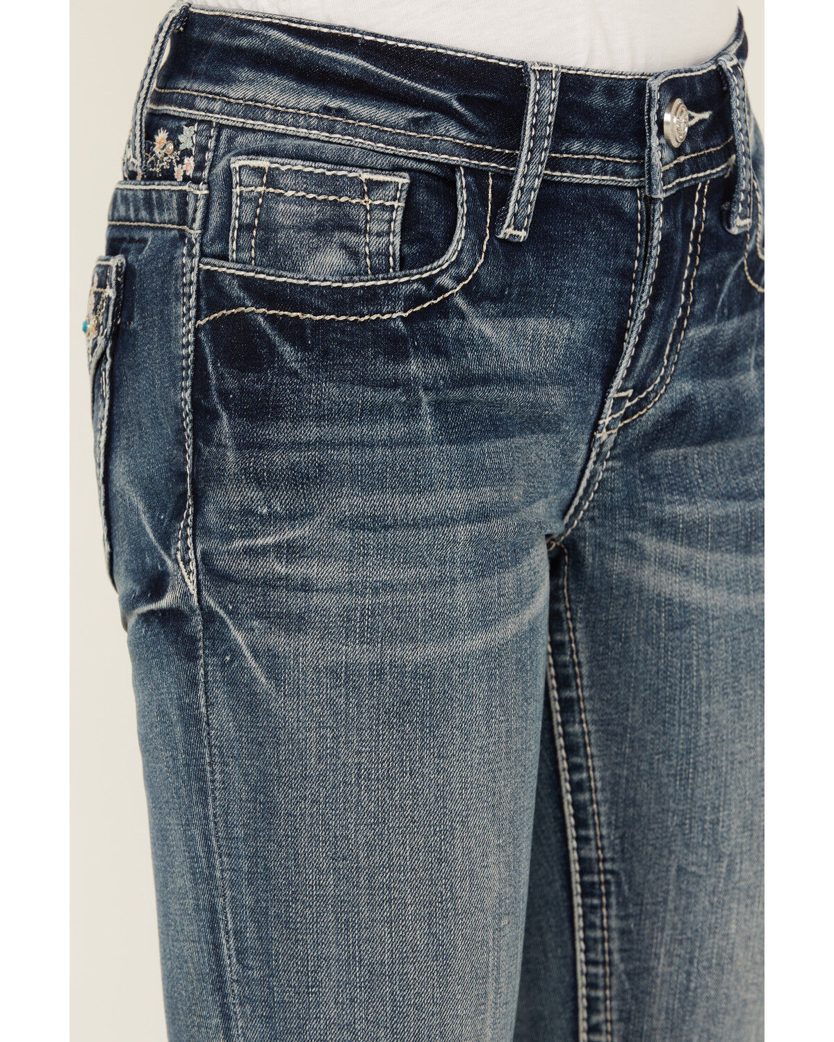 Grace in LA Girls' Medium Wash Floral Embroidered Stretch Bootcut Jeans