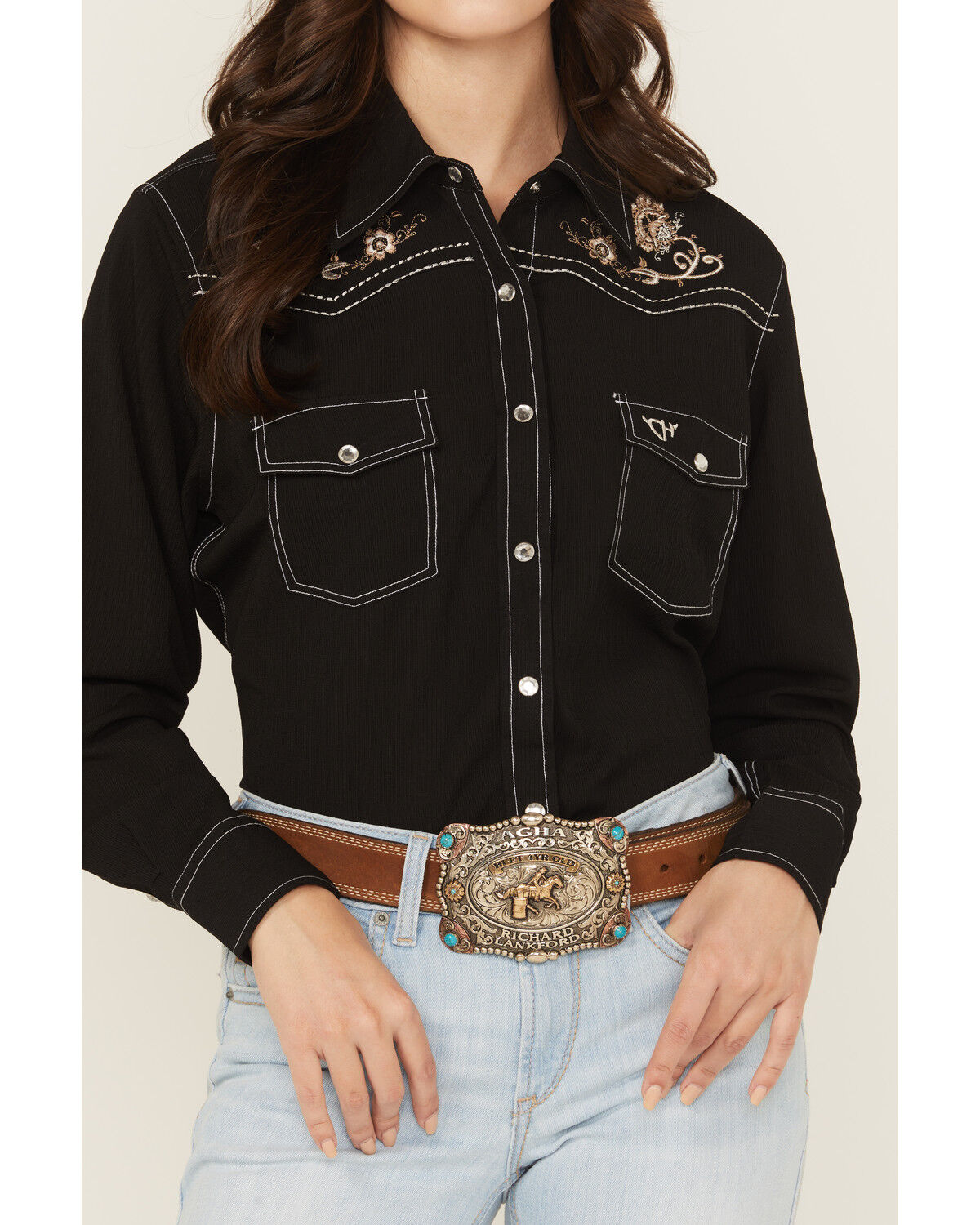 Cowgirl Hardware Women's Floral Embroidered Long Sleeve Snap Western Shirt