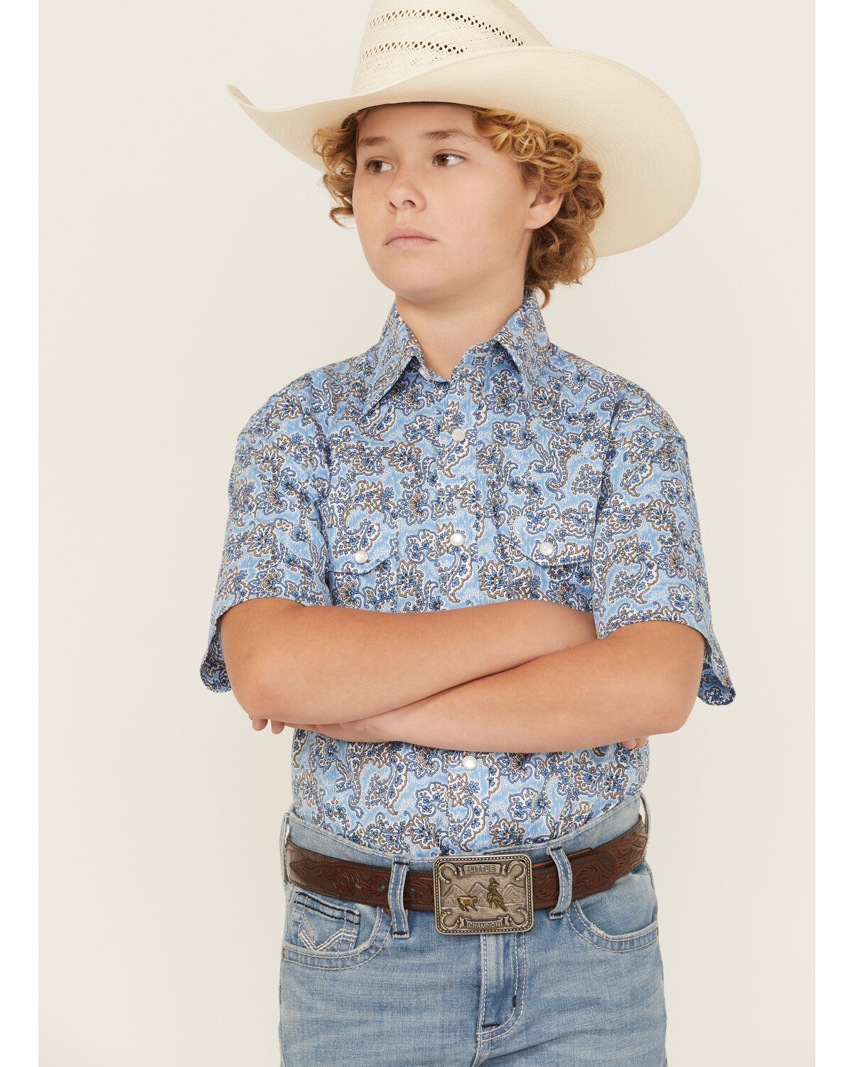 Rock & Roll Boys' Paisley Print Short Sleeve Pearl Snap Stretch Western Shirt