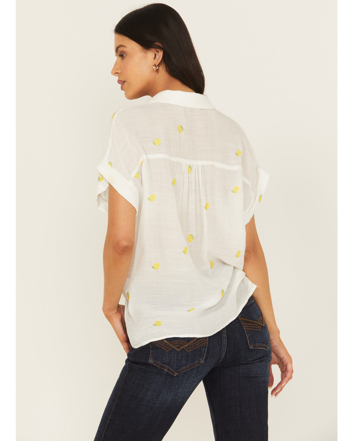 June & Hudson Women's Lemon Embroidered Short Sleeve Tie-Front Top