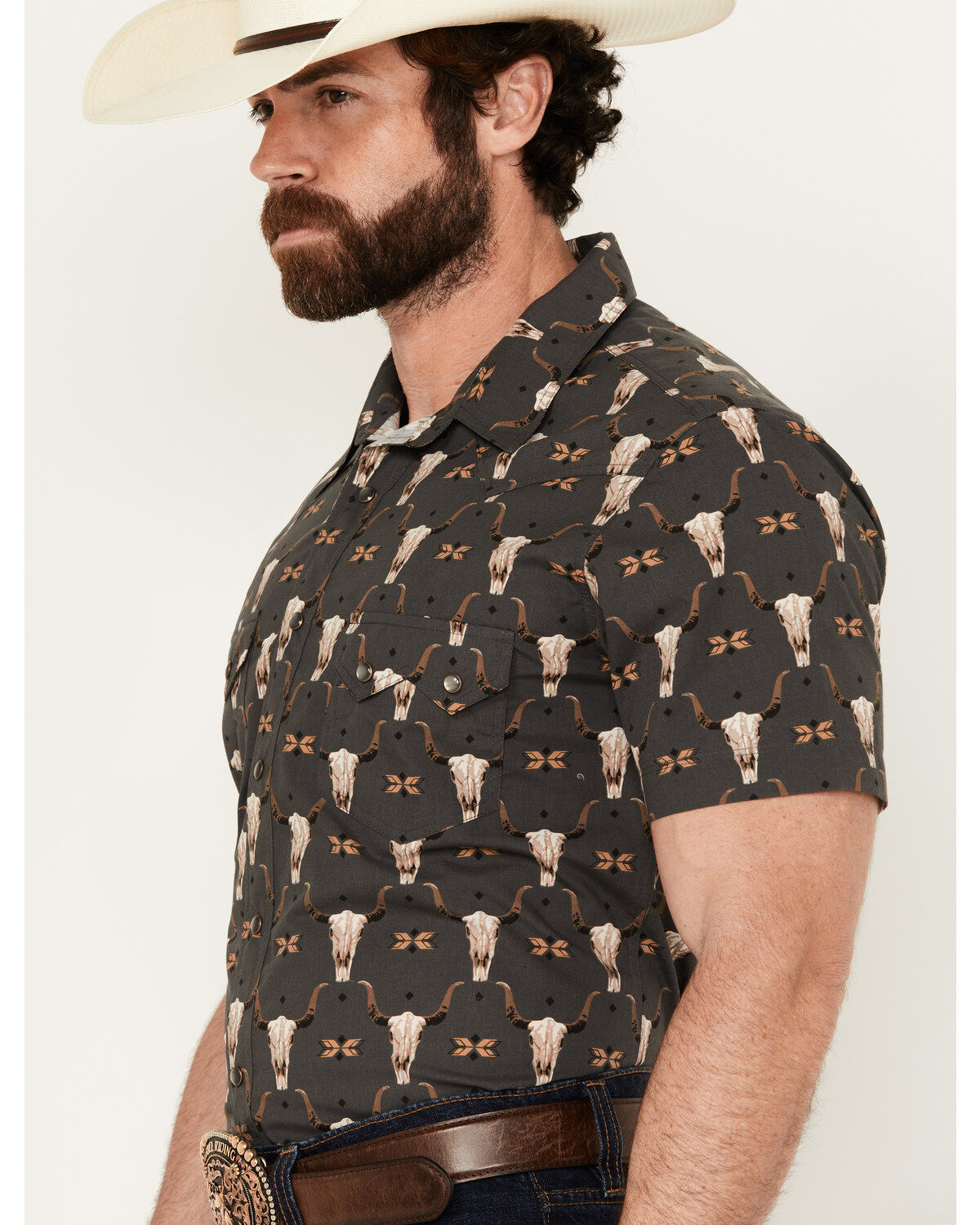 Rock & Roll Denim Men's Vintage 46 Steerhead Print Short Sleeve Snap Stretch Western Shirt