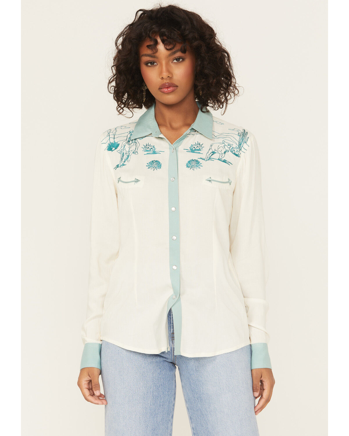 Panhandle Women's Retro Roping Cowgirl Embroidered Long Sleeve Pearl Snap Western Shirt