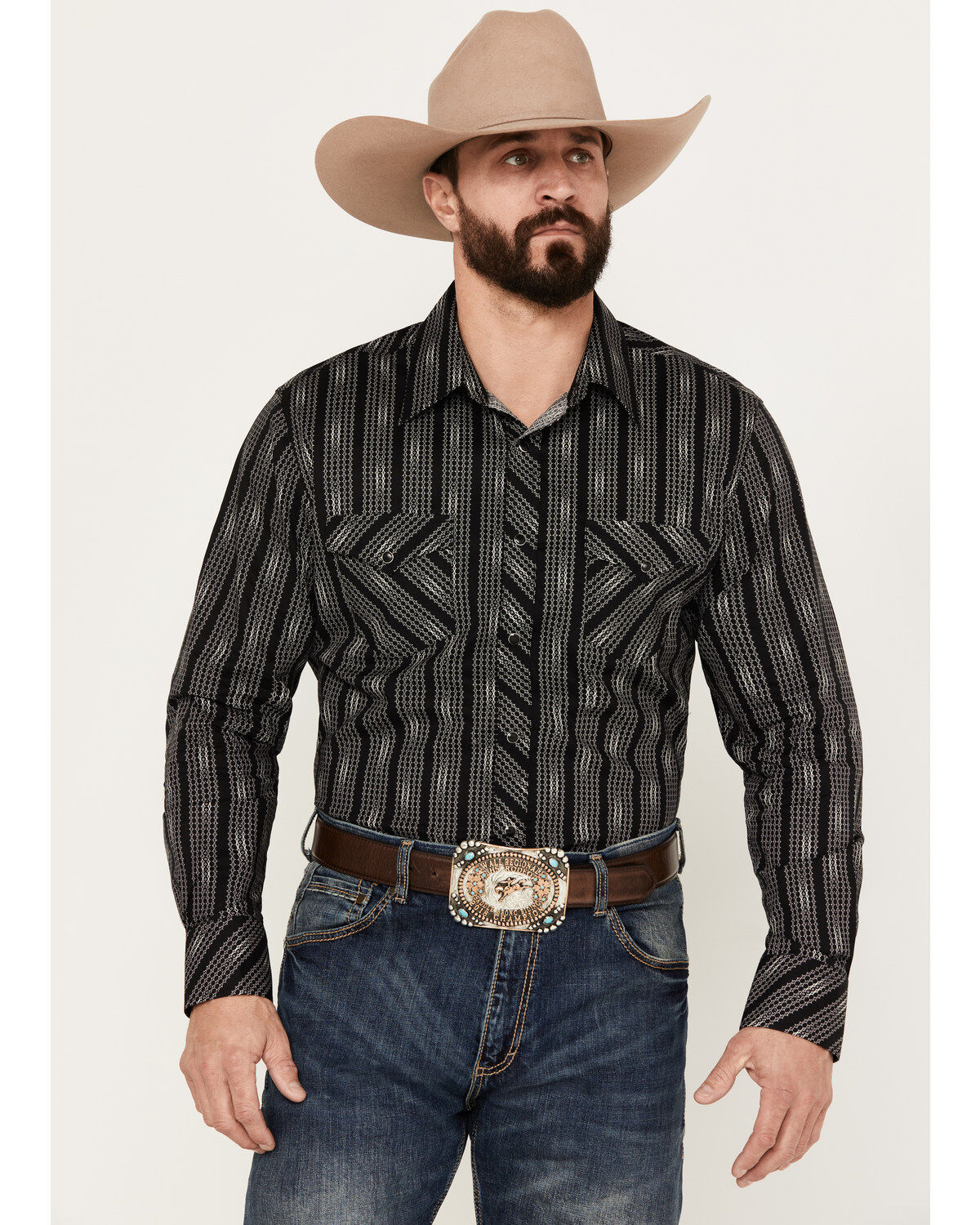 Rock & Roll Denim Men's Geo Print Striped Long Sleeve Western Snap Shirt