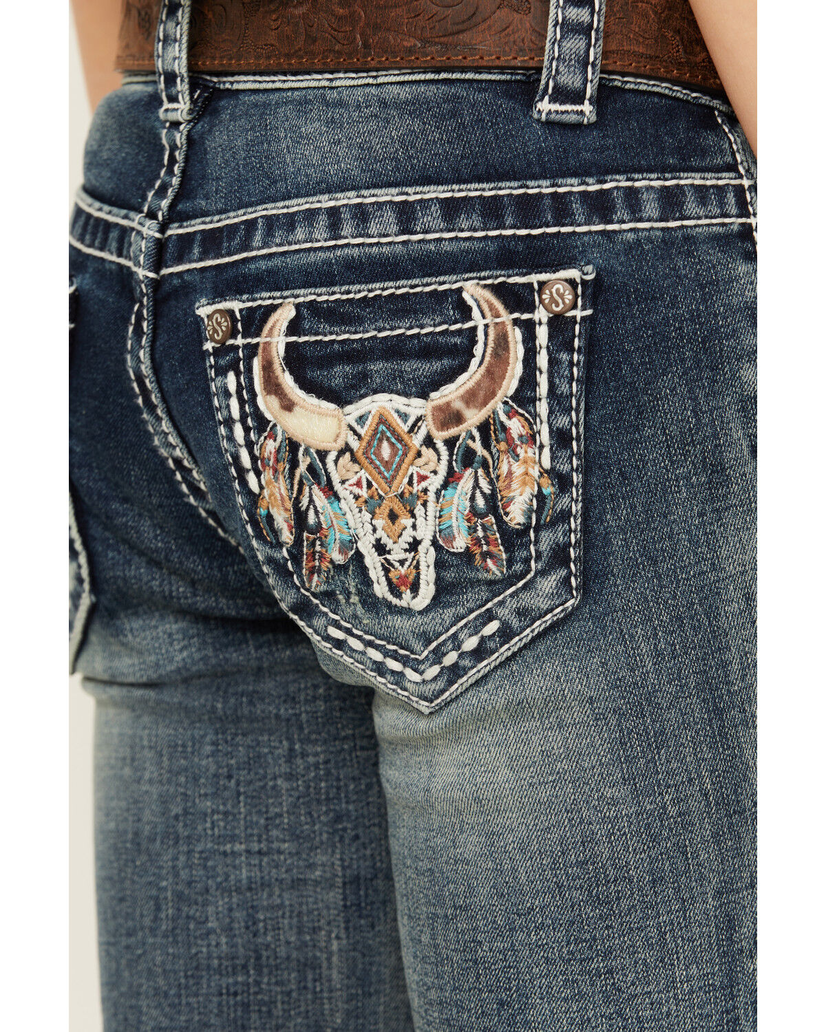 Shyanne Little Girls' Cowhide Steer Head Light Wash Faded Stretch Bootcut Jeans