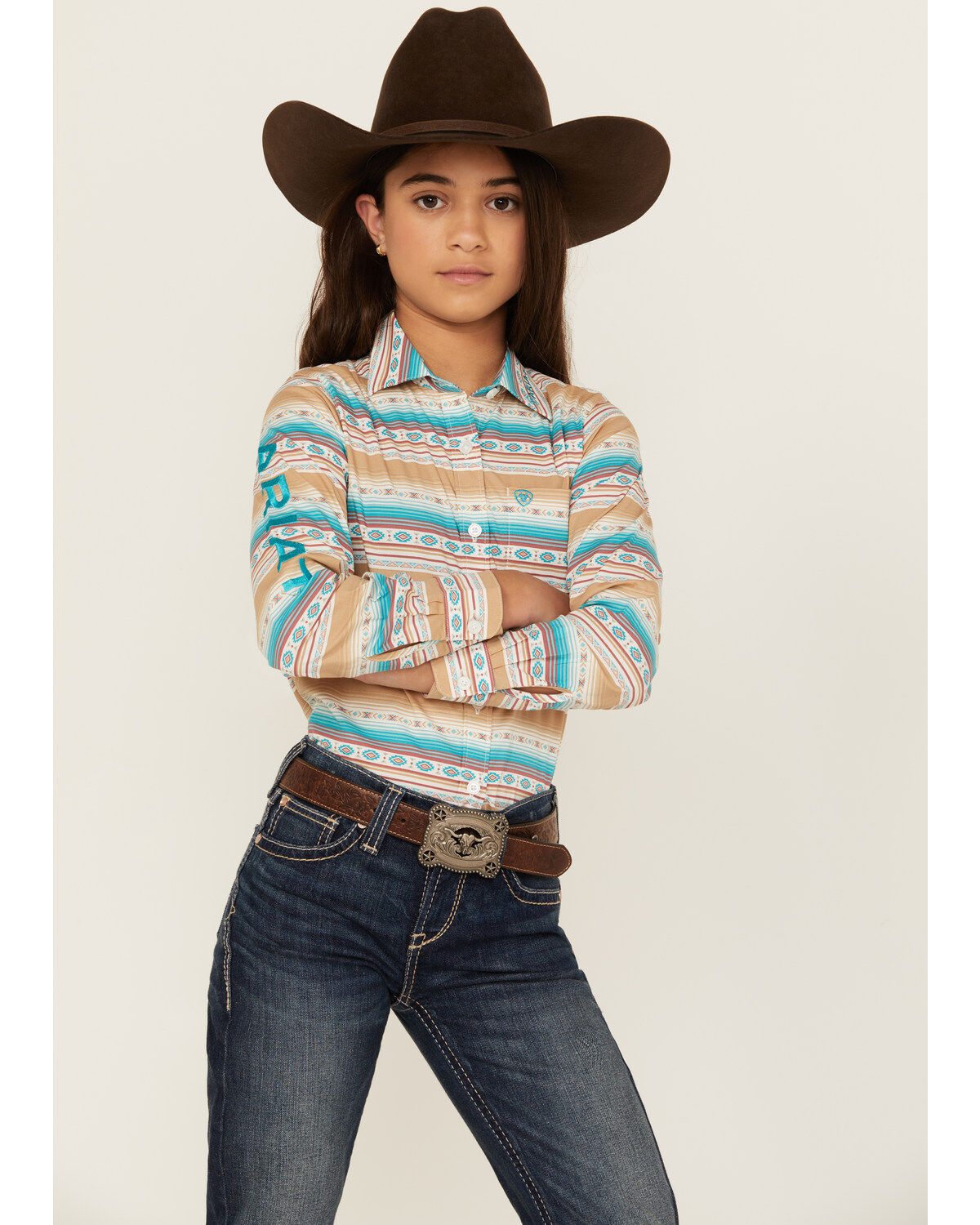Ariat Girls' Striped Southwestern Print Long Sleeve Button-Down Western Shirt