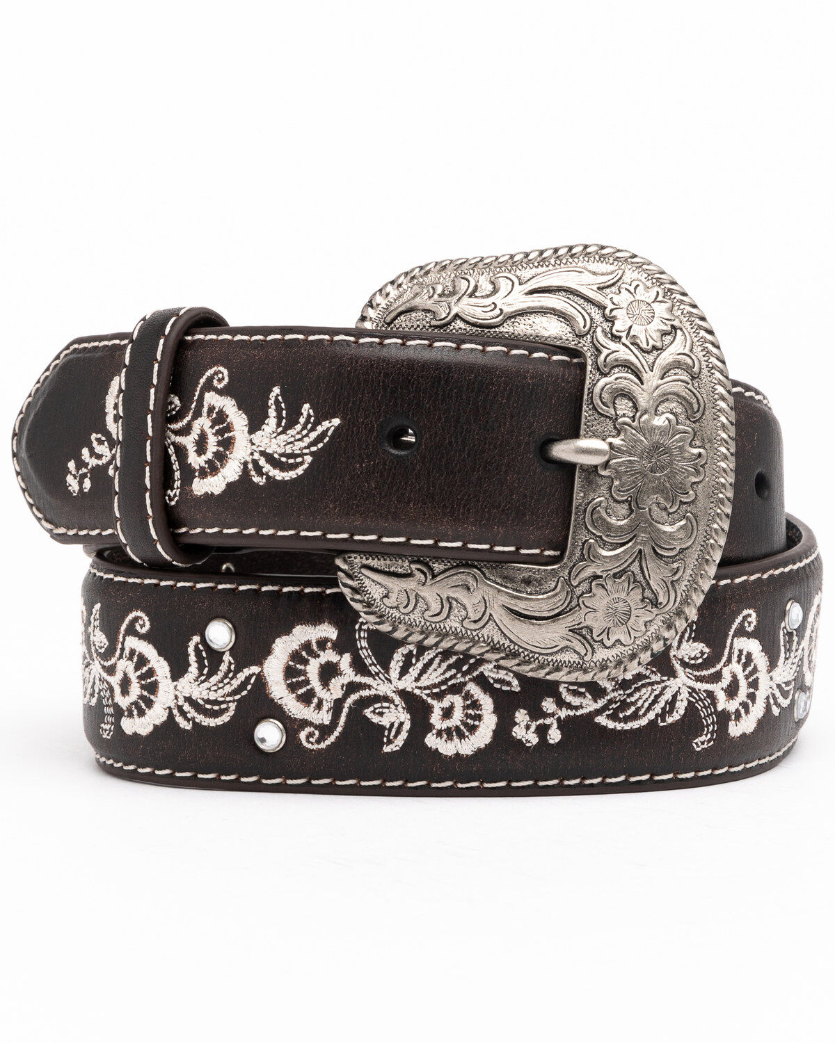Shyanne Women's Chocolate Floral Embroidered Crystal Western Belt