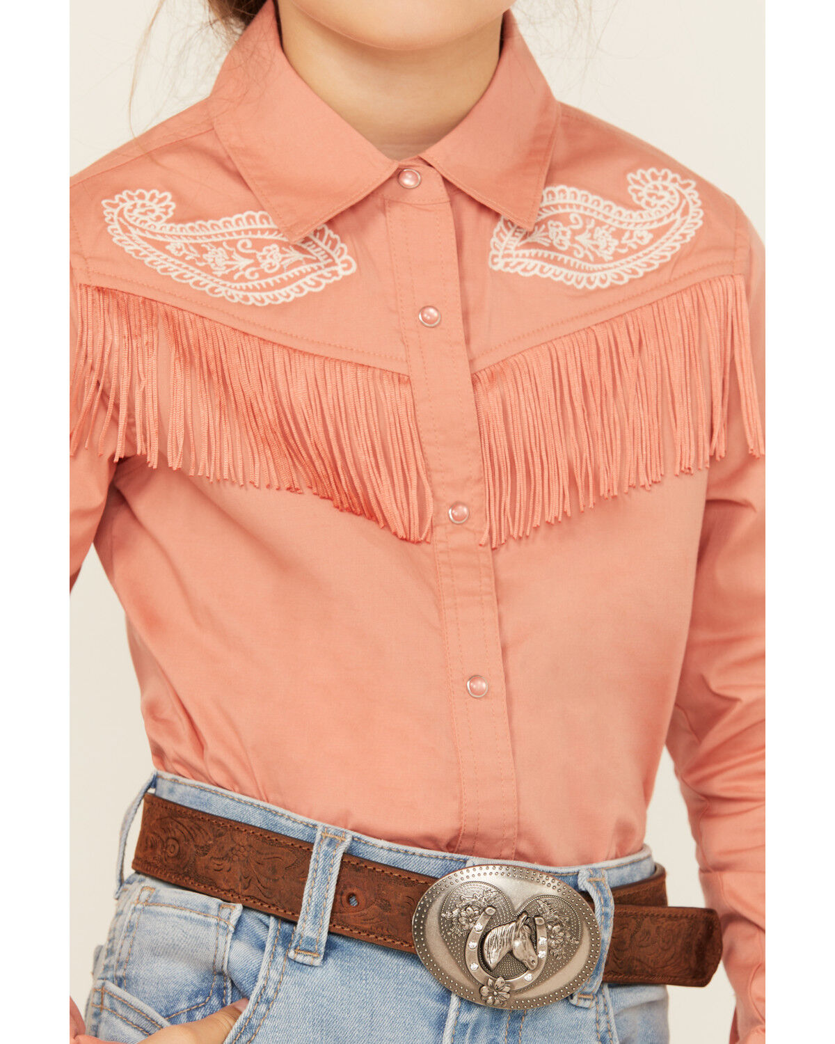 Shyanne Girls' Western Embroidered Fringe Long Sleeve Snap Stretch Western Shirt