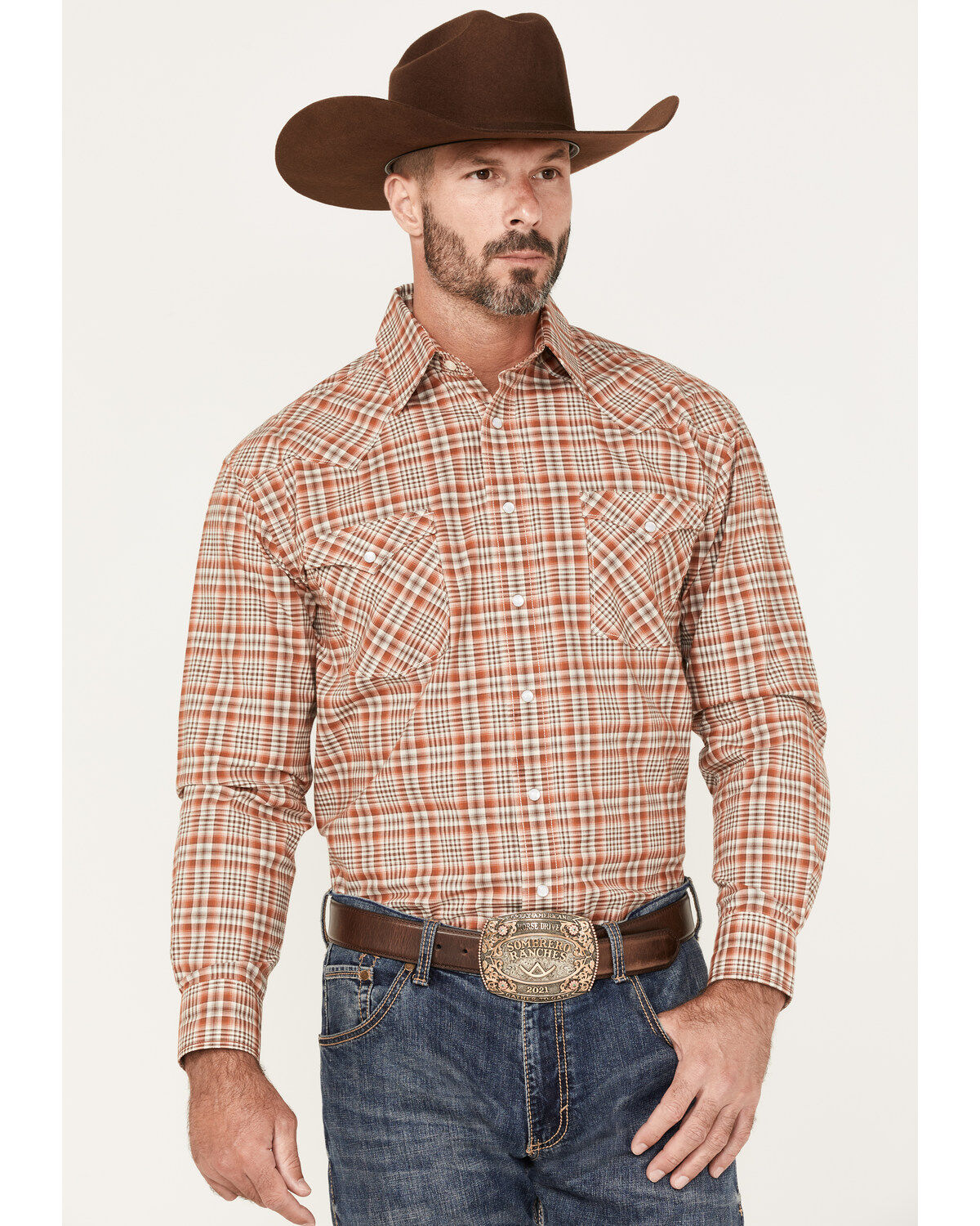 Rough Stock by Panhandle Men's Plaid Print Long Sleeve Pearl Snap Western Shirt
