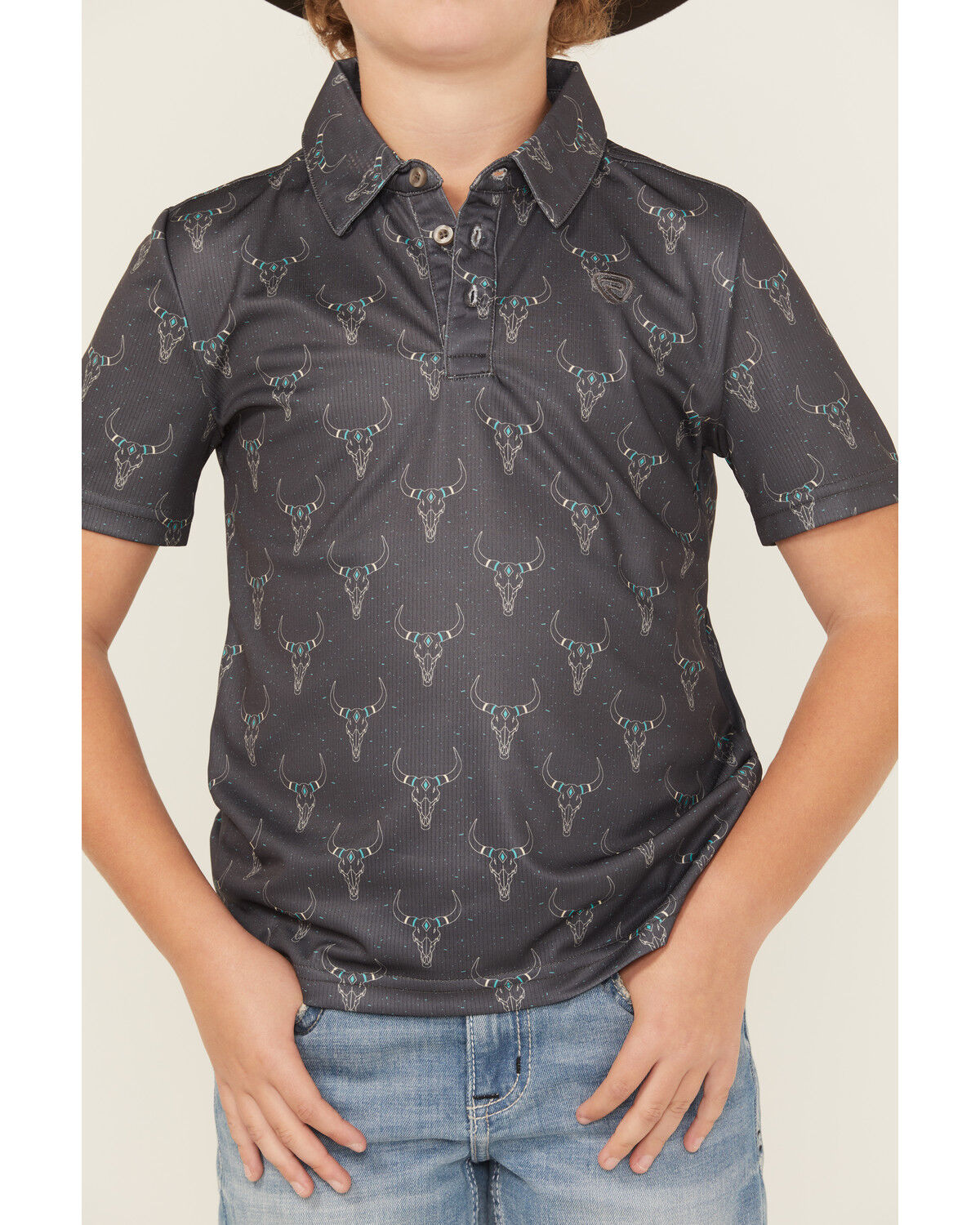 Rock & Roll Denim Boys' Long Horn Print Short Sleeve Button-Down Polo