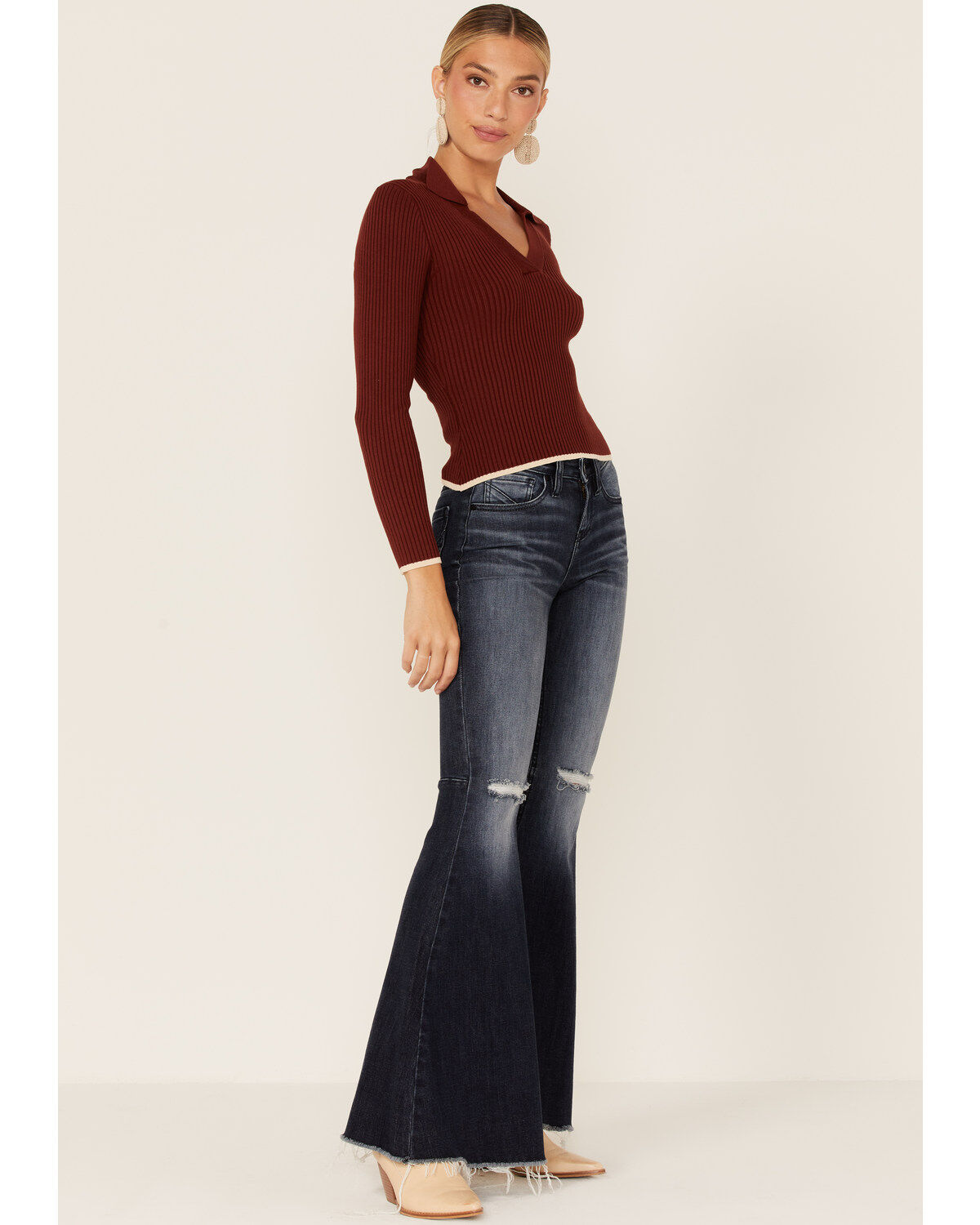 Shyanne Women's Chocolate Collared Ribbed Top