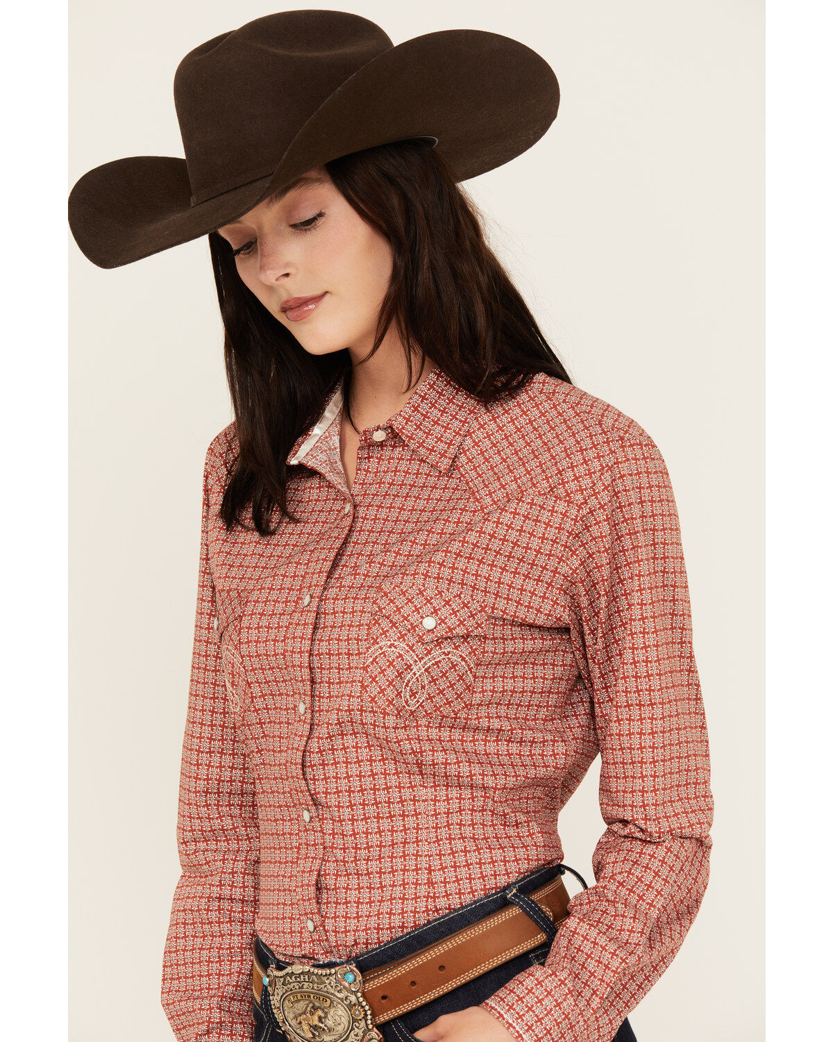 Rough Stock by Panhandle Women's Geo Print Long Sleeve Pearl Snap Stretch Western Shirt